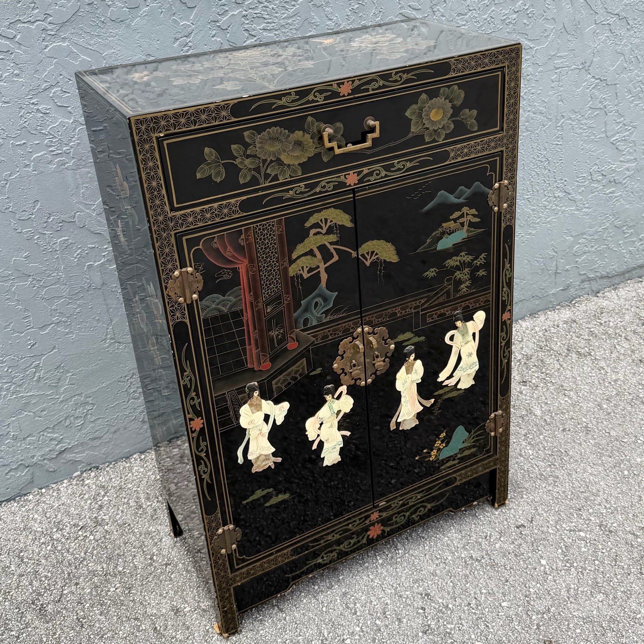 Vintage Chinese Black Lacquered Hand Painted Cabinet Dolphin & Flamingo