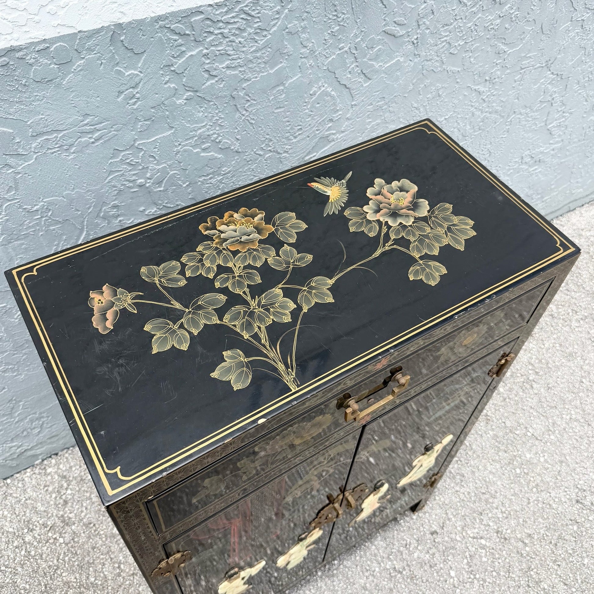 Vintage Chinese Black Lacquered Hand Painted Cabinet Dolphin & Flamingo