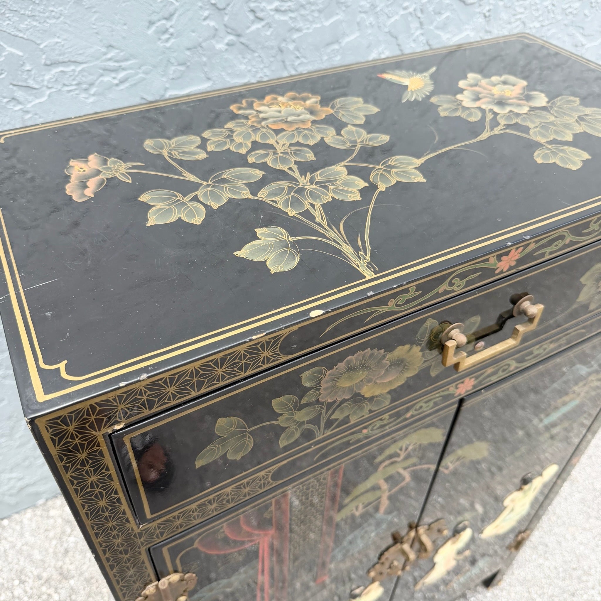 Vintage Chinese Black Lacquered Hand Painted Cabinet Dolphin & Flamingo
