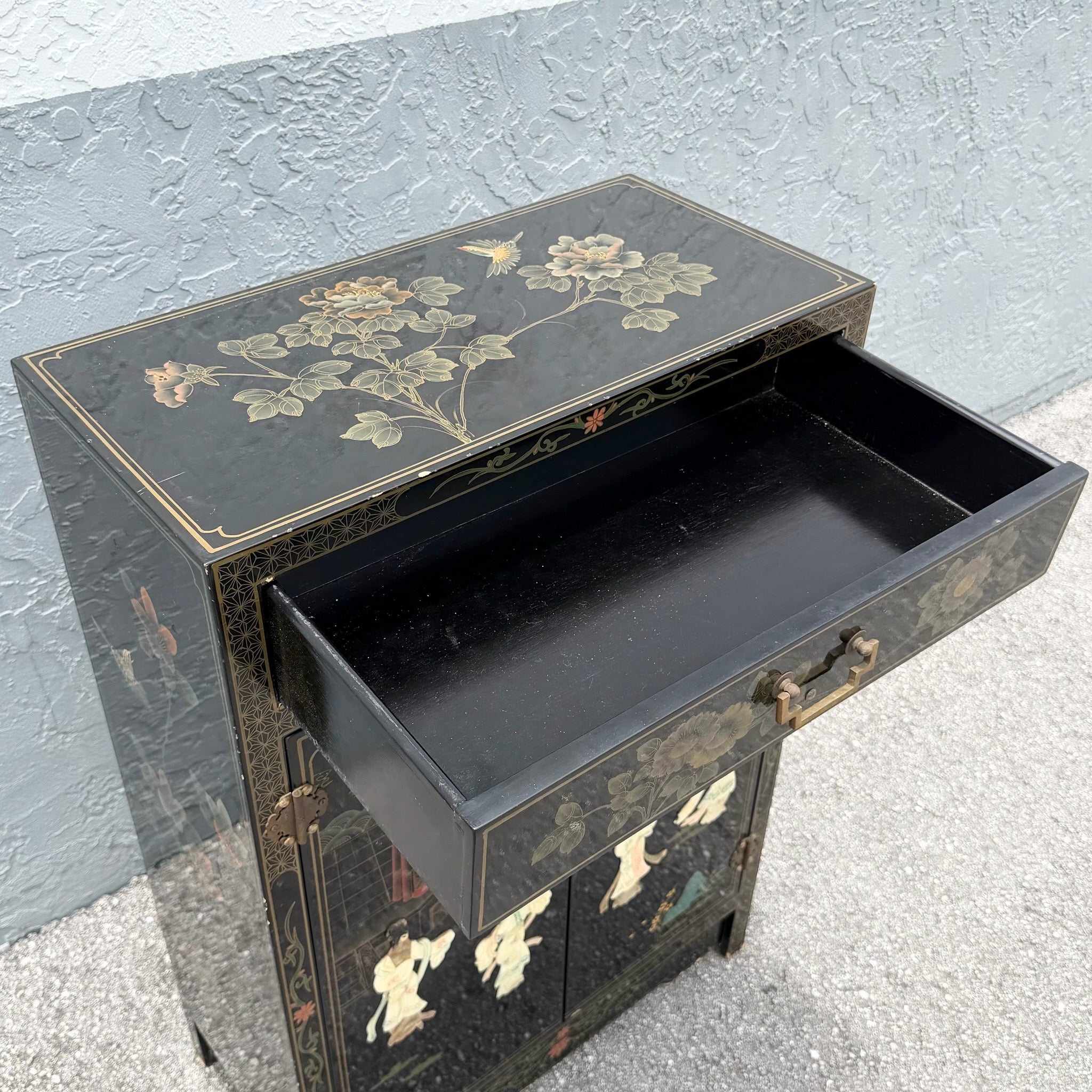 Vintage Chinese Black Lacquered Hand Painted Cabinet Dolphin & Flamingo