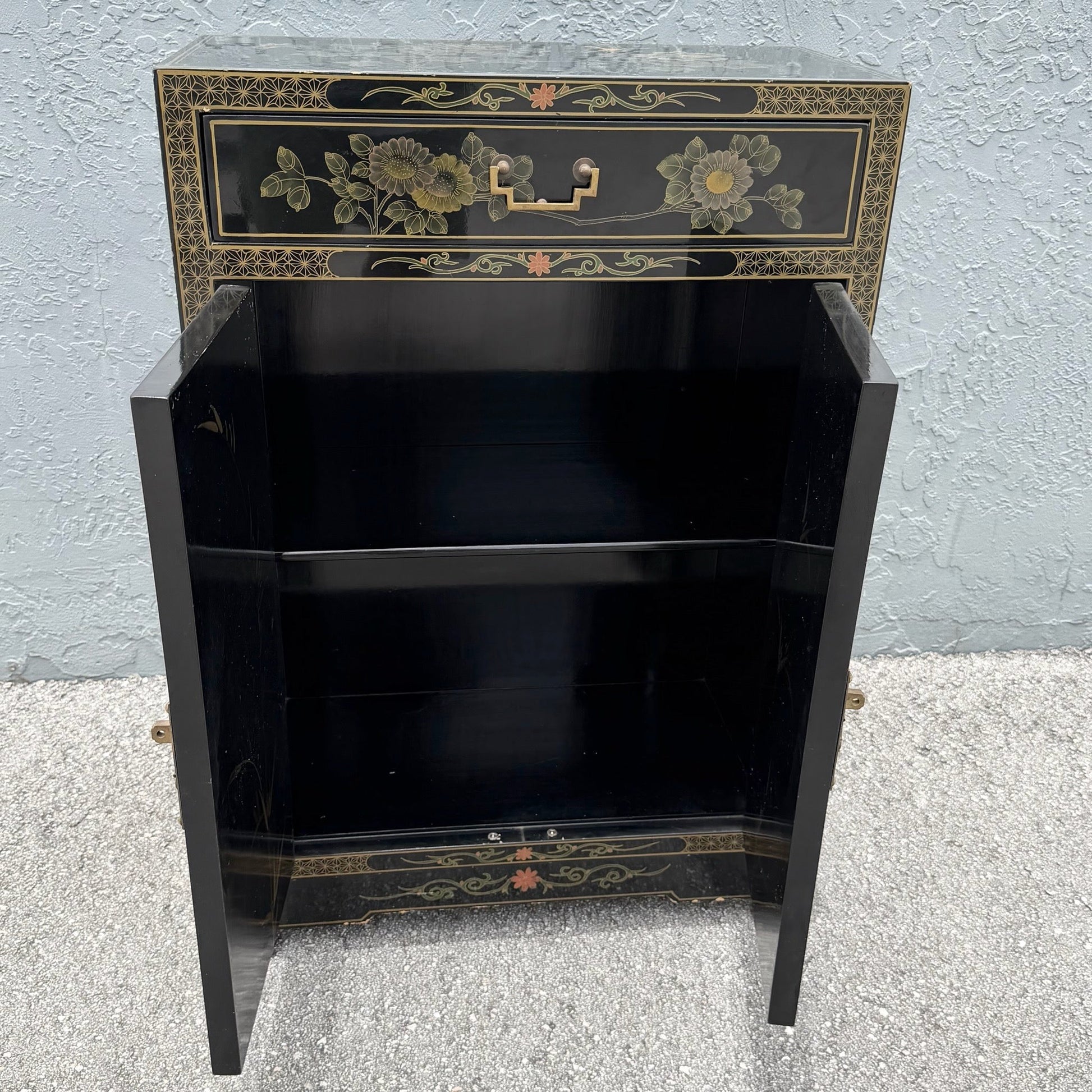 Vintage Chinese Black Lacquered Hand Painted Cabinet Dolphin & Flamingo