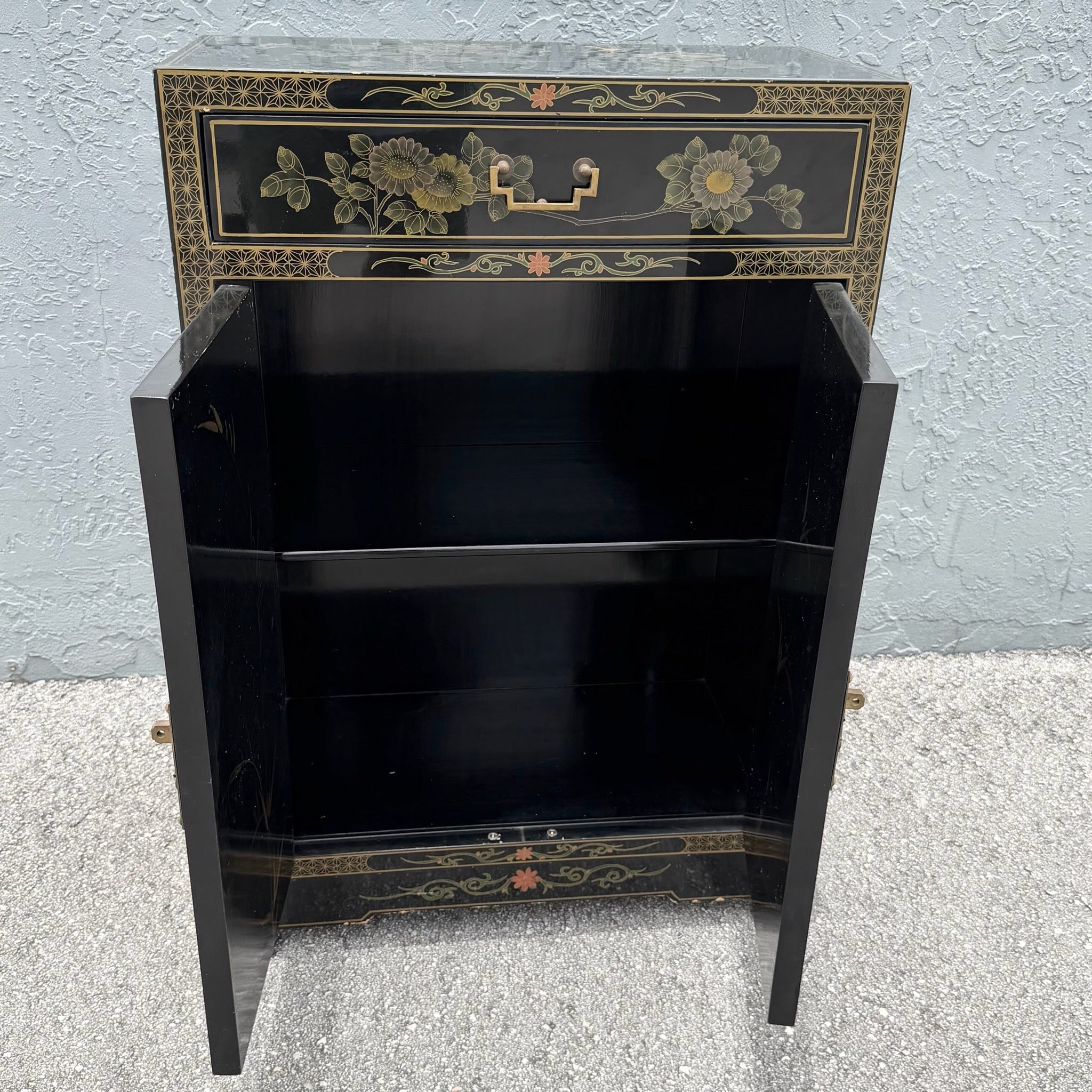 Vintage Chinese Black Lacquered Hand Painted Cabinet Dolphin & Flamingo