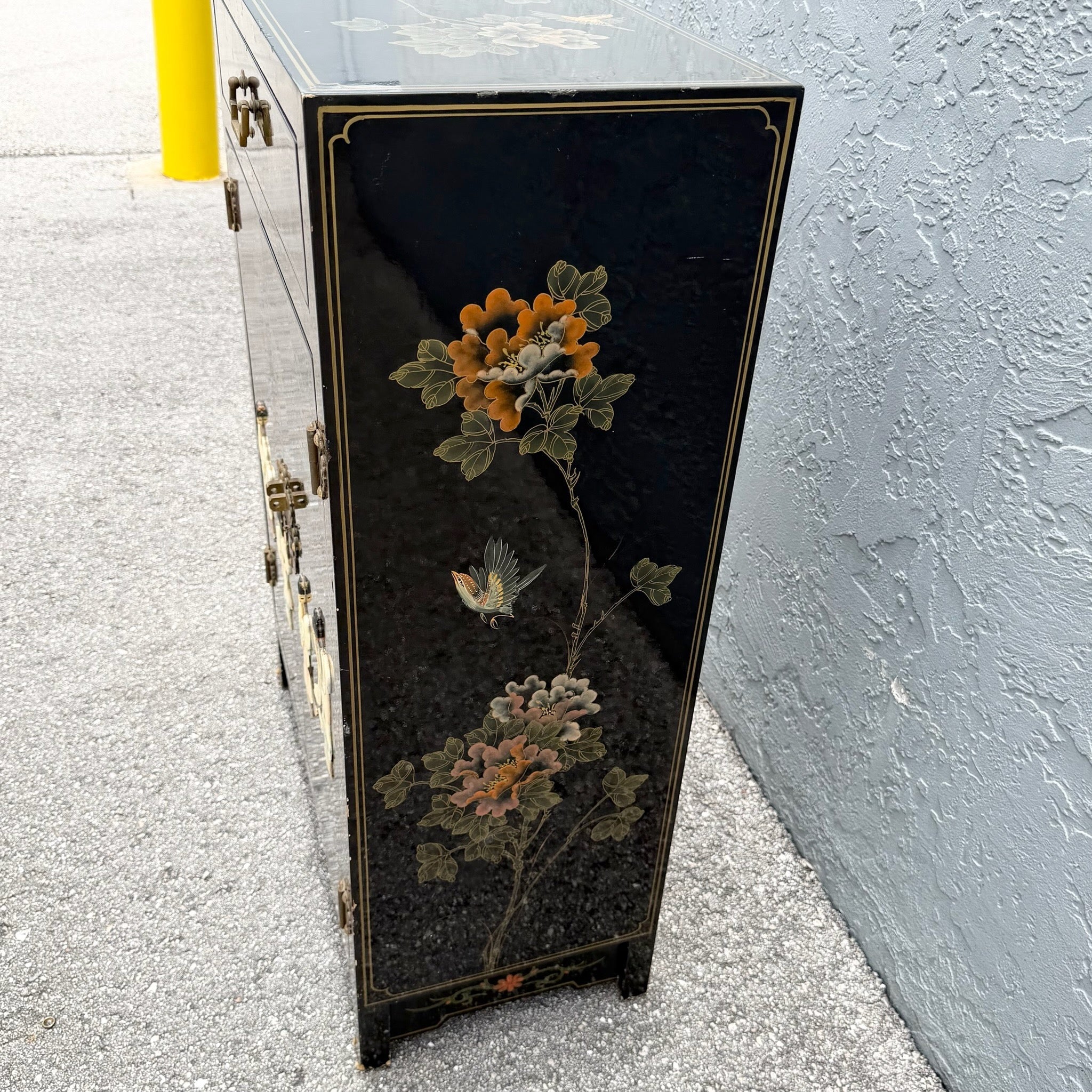 Vintage Chinese Black Lacquered Hand Painted Cabinet Dolphin & Flamingo
