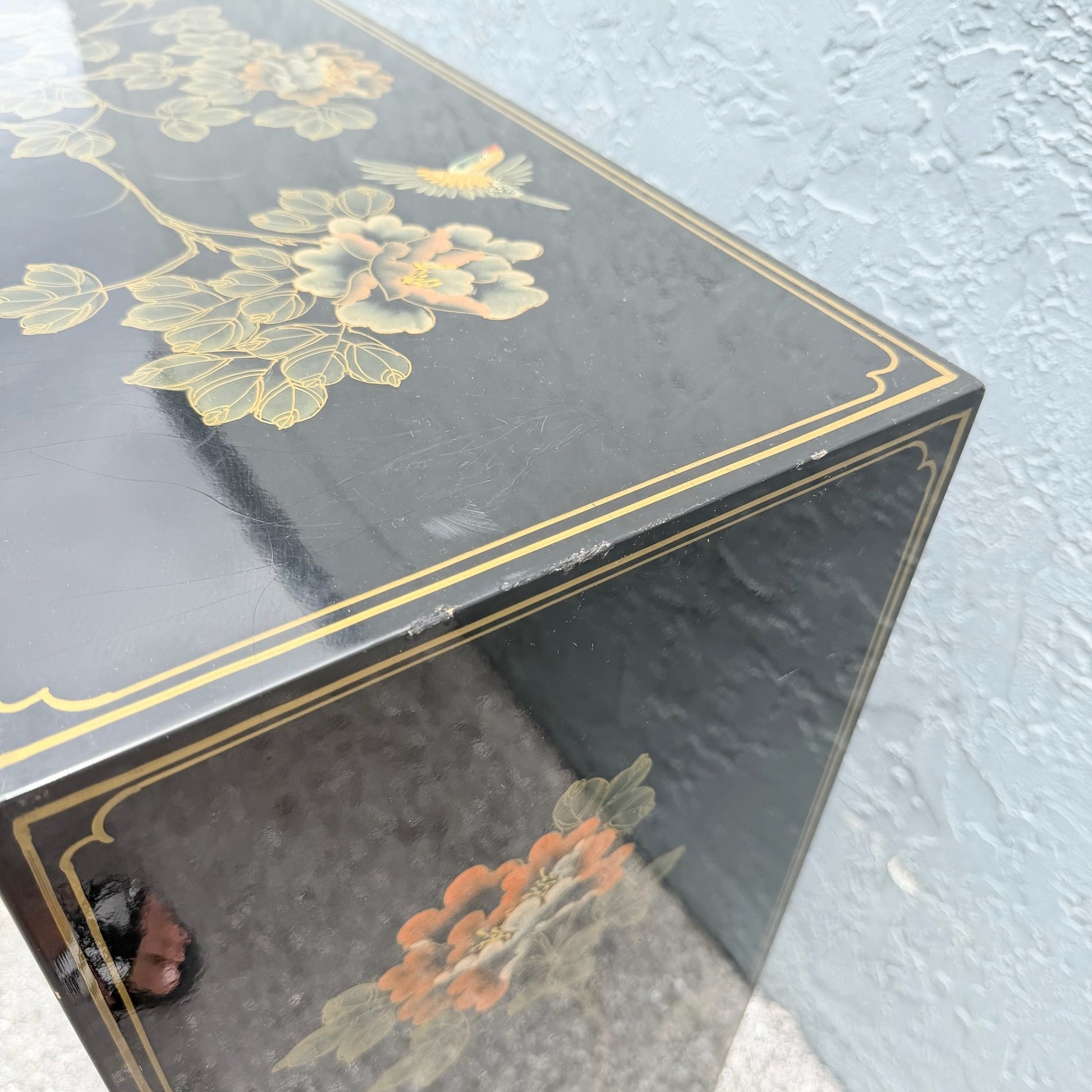 Vintage Chinese Black Lacquered Hand Painted Cabinet Dolphin & Flamingo