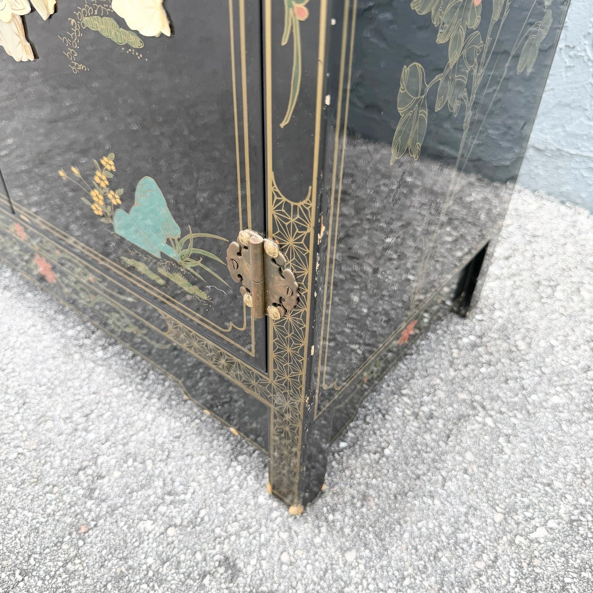 Vintage Chinese Black Lacquered Hand Painted Cabinet Dolphin & Flamingo