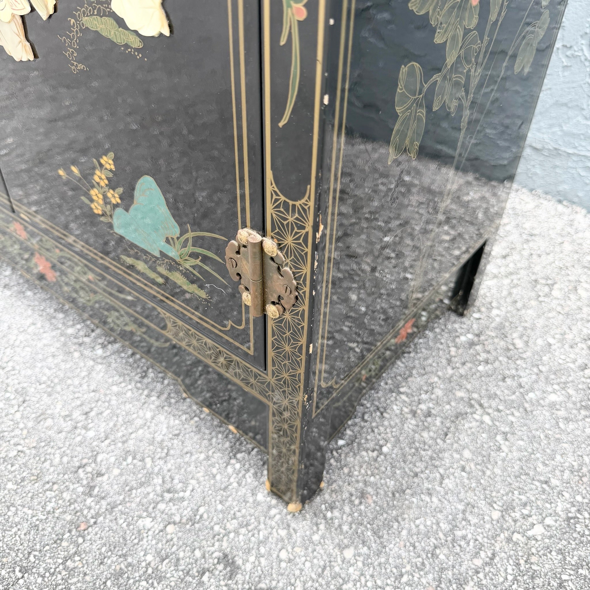 Vintage Chinese Black Lacquered Hand Painted Cabinet Dolphin & Flamingo