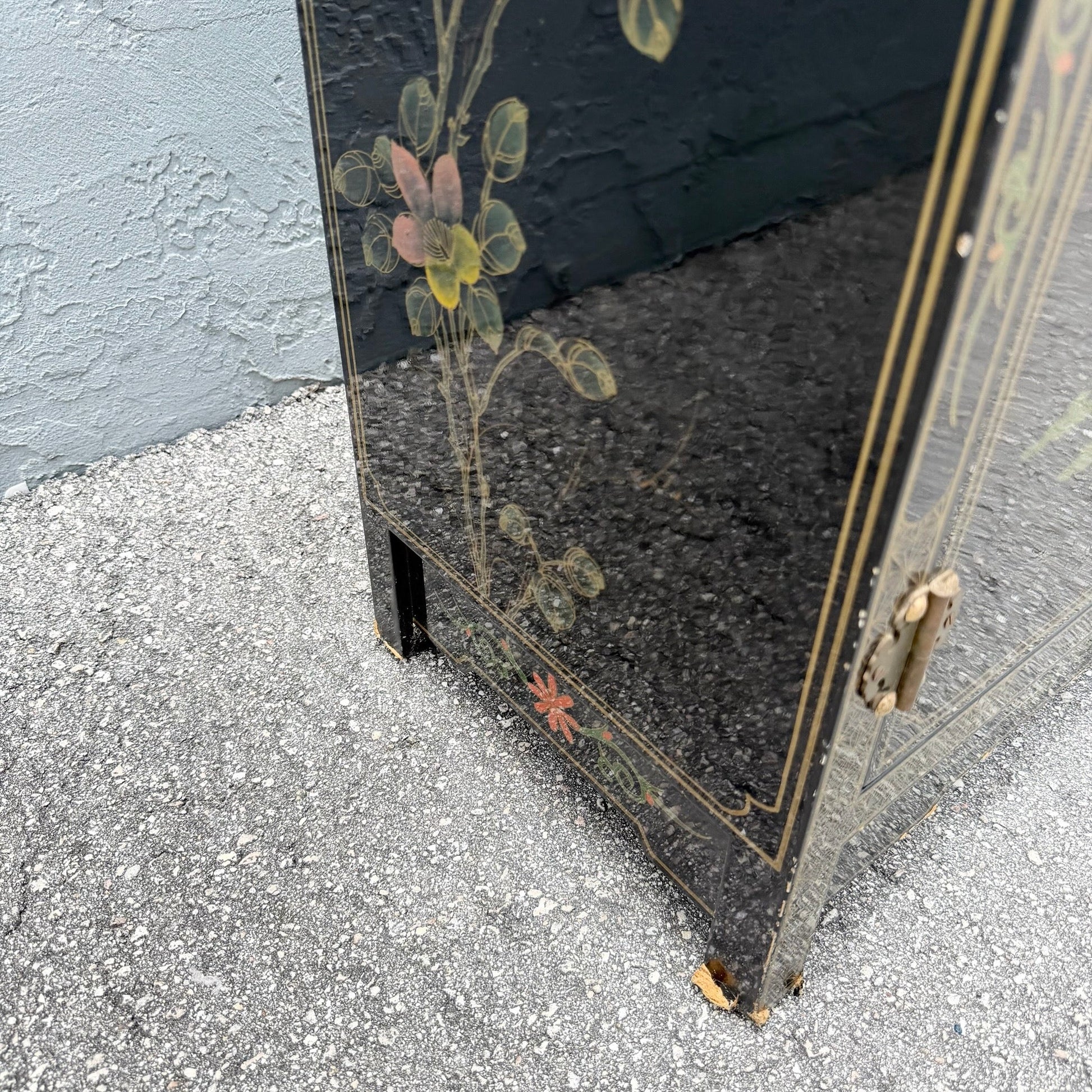 Vintage Chinese Black Lacquered Hand Painted Cabinet Dolphin & Flamingo