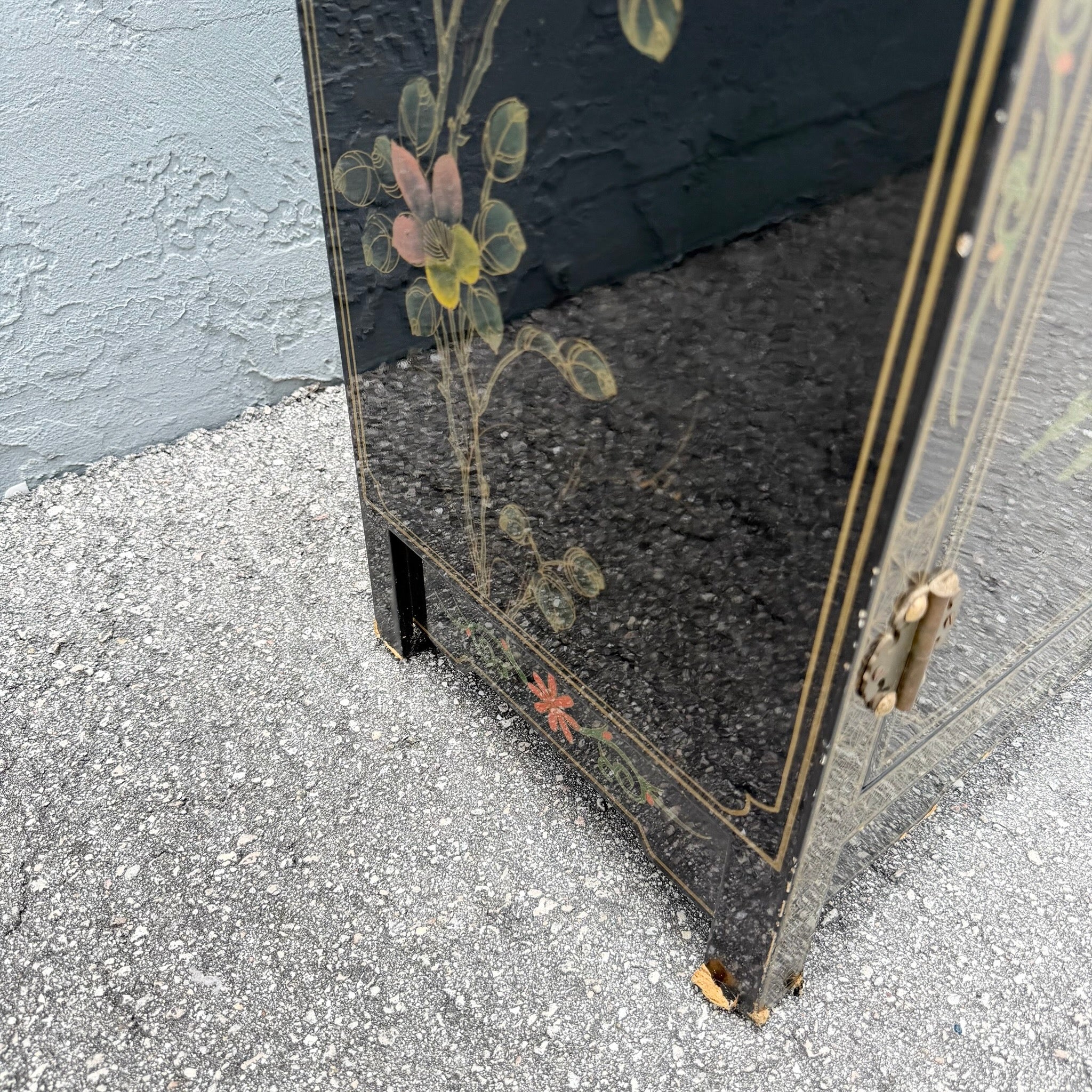 Vintage Chinese Black Lacquered Hand Painted Cabinet Dolphin & Flamingo
