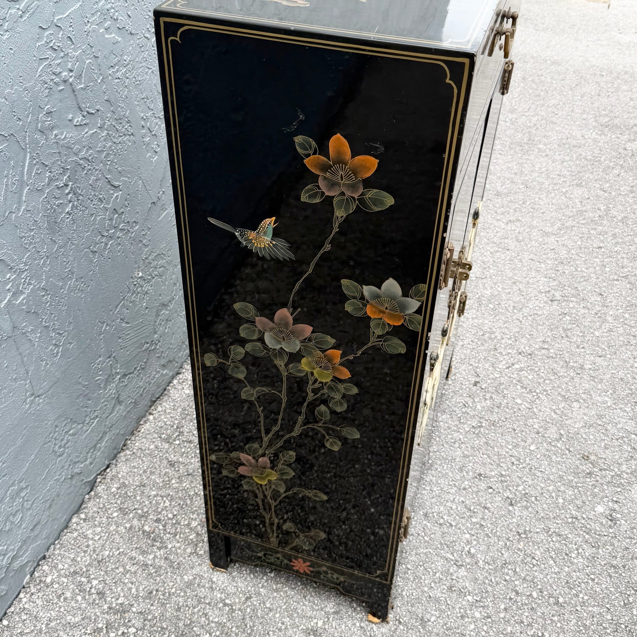 Vintage Chinese Black Lacquered Hand Painted Cabinet Dolphin & Flamingo