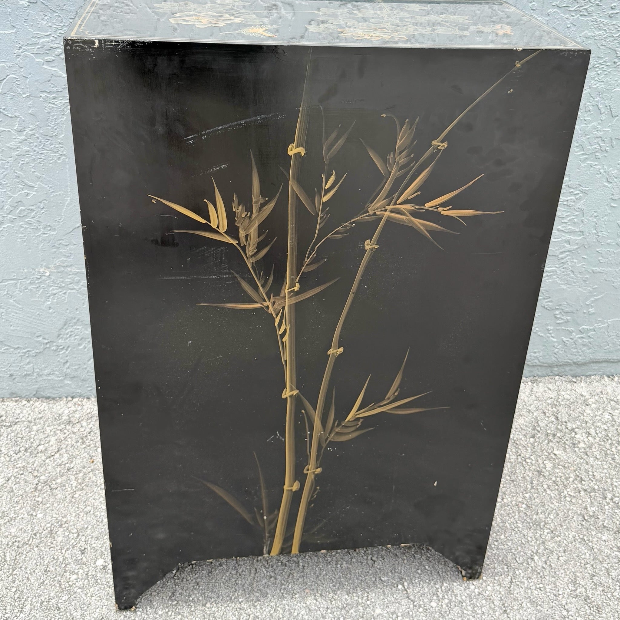Vintage Chinese Black Lacquered Hand Painted Cabinet Dolphin & Flamingo