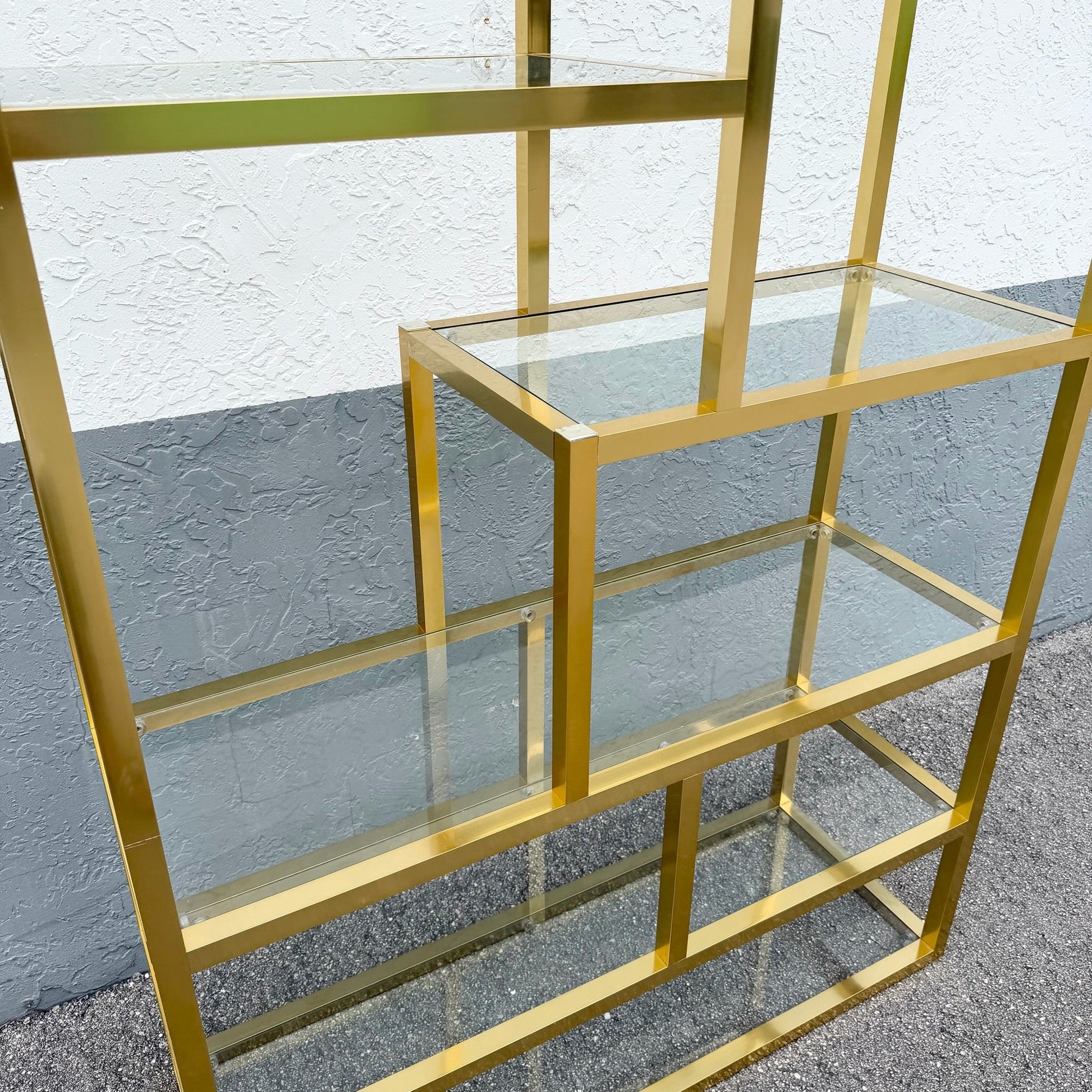 Hollywood Regency Gold and Glass Etagere/Shelving Unit Dolphin & Flamingo