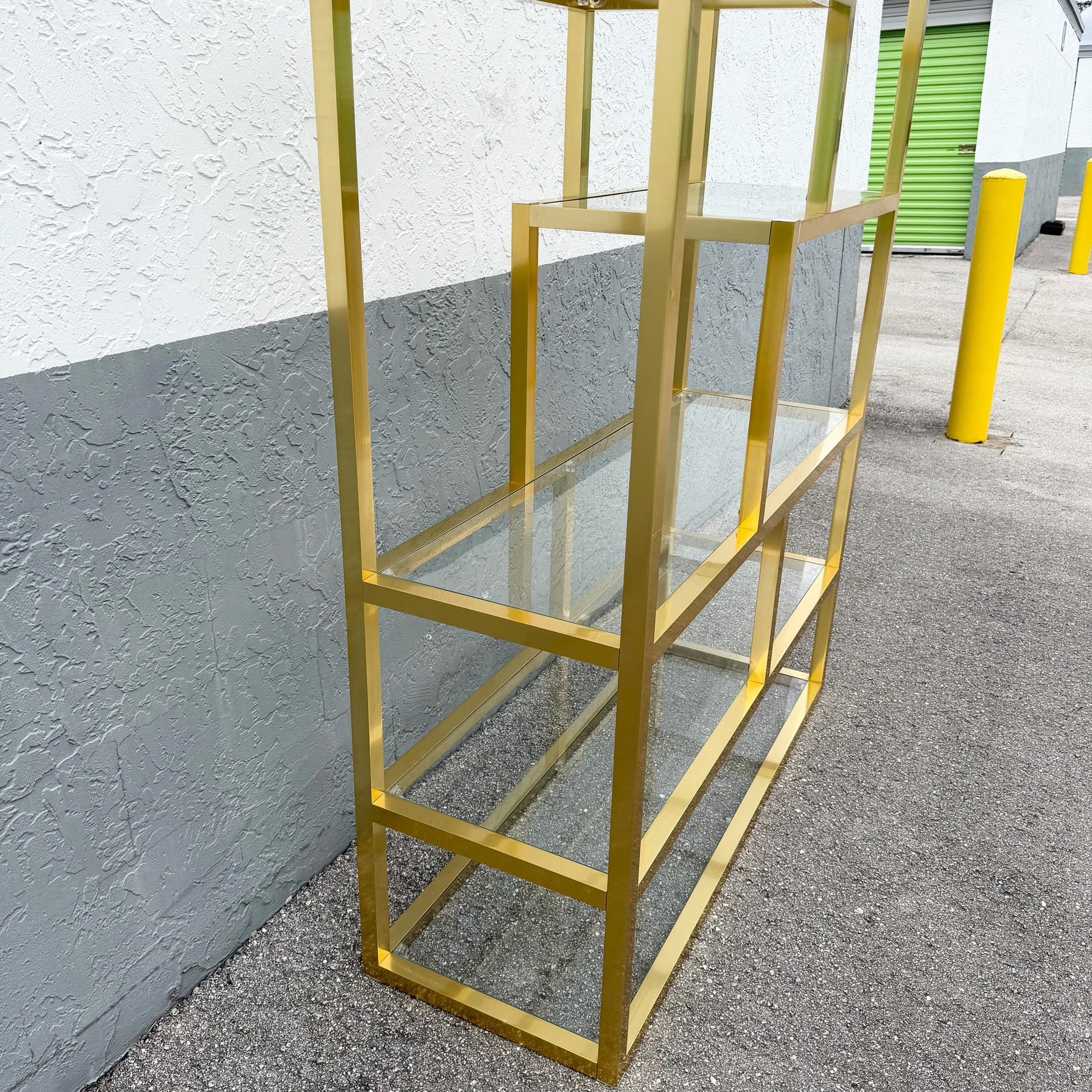 Hollywood Regency Gold and Glass Etagere/Shelving Unit Dolphin & Flamingo