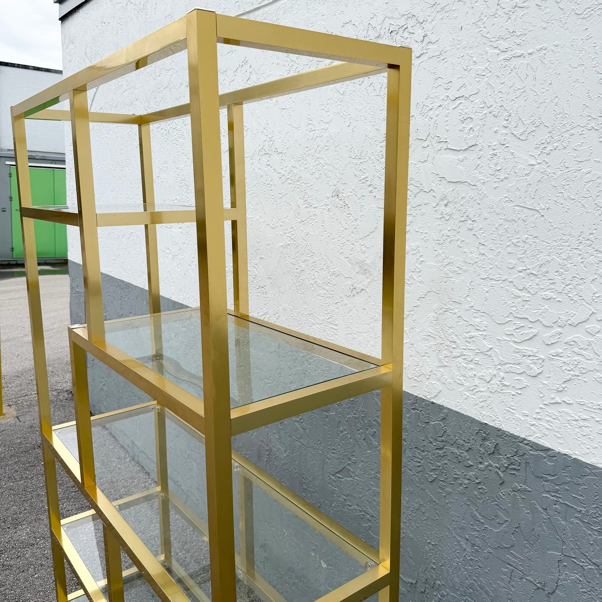Hollywood Regency Gold and Glass Etagere/Shelving Unit Dolphin & Flamingo