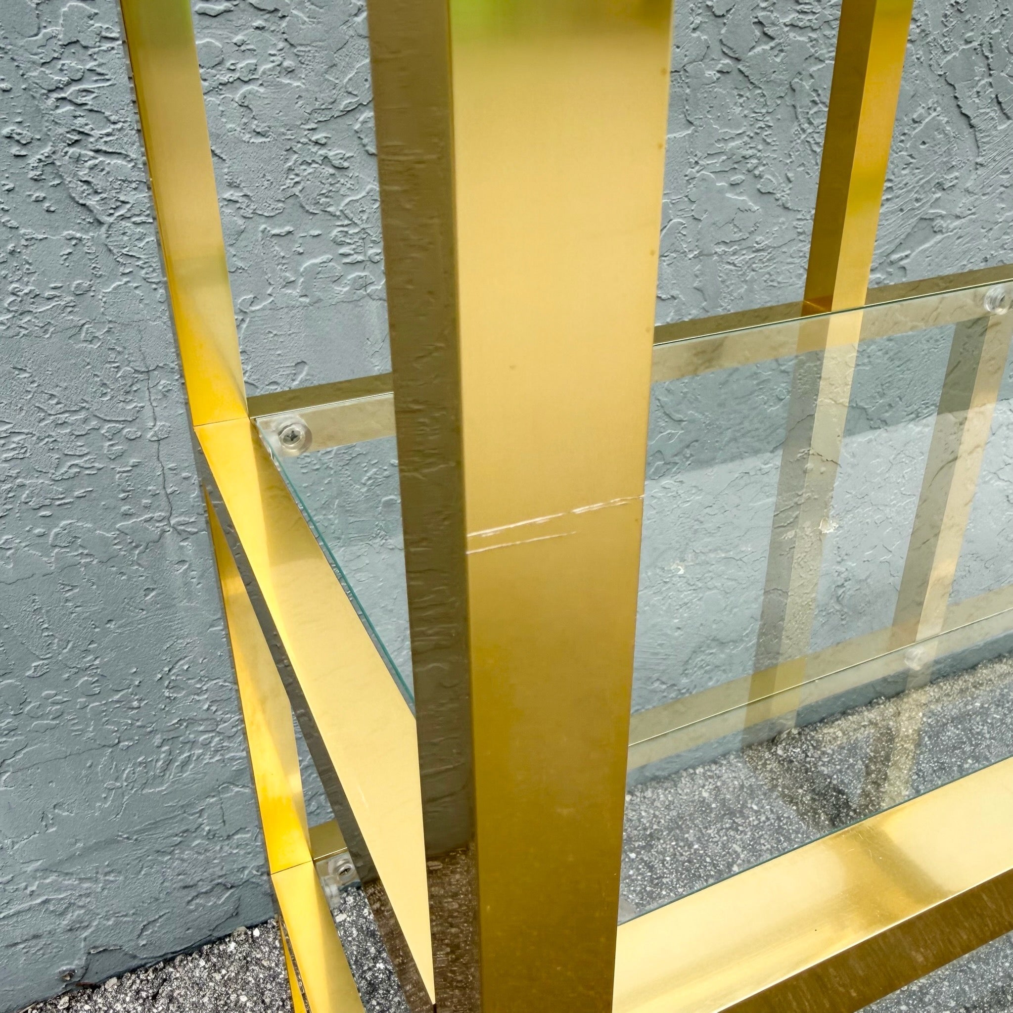 Hollywood Regency Gold and Glass Etagere/Shelving Unit Dolphin & Flamingo
