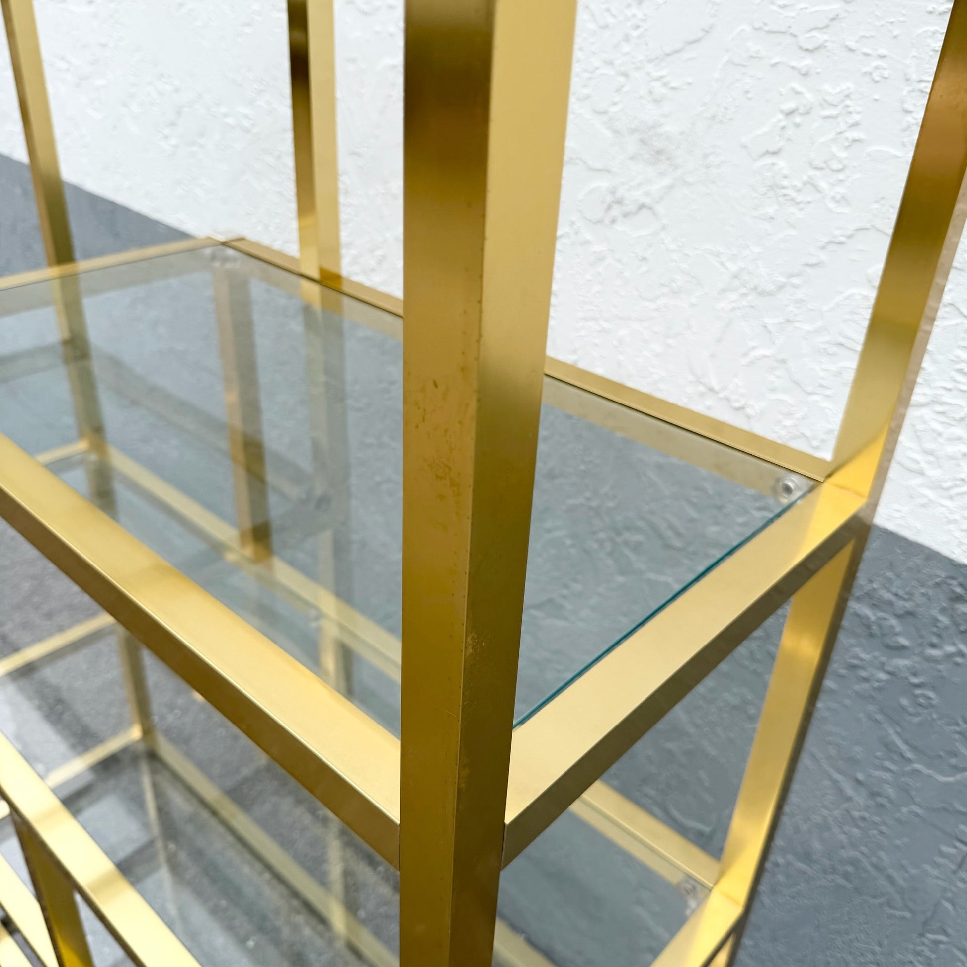 Hollywood Regency Gold and Glass Etagere/Shelving Unit Dolphin & Flamingo