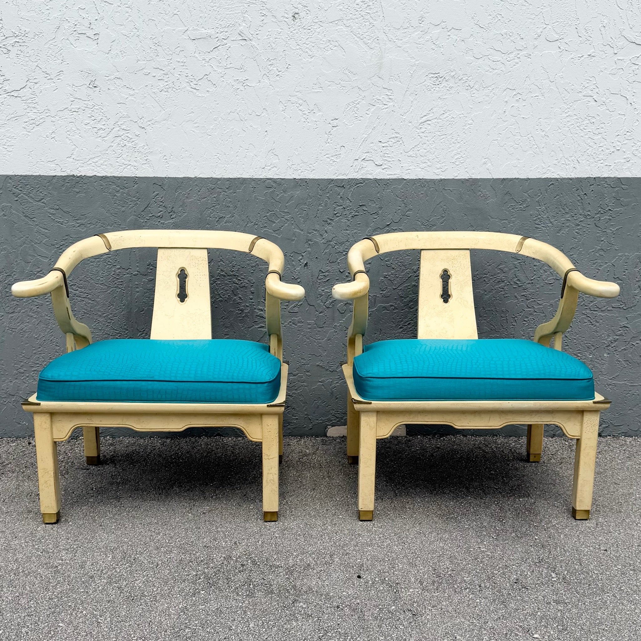 Vintage Ming Style Horseshoe Lounge Chairs With Faux Alligator Skin - A Pair Dolphin & Flamingo