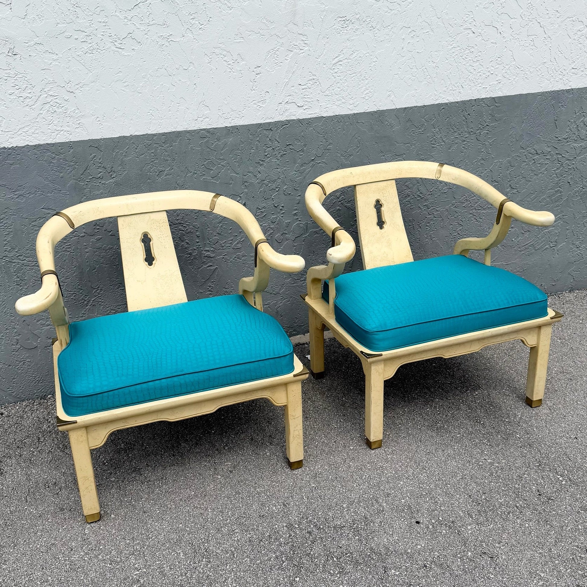 Vintage Ming Style Horseshoe Lounge Chairs With Faux Alligator Skin - A Pair Dolphin & Flamingo