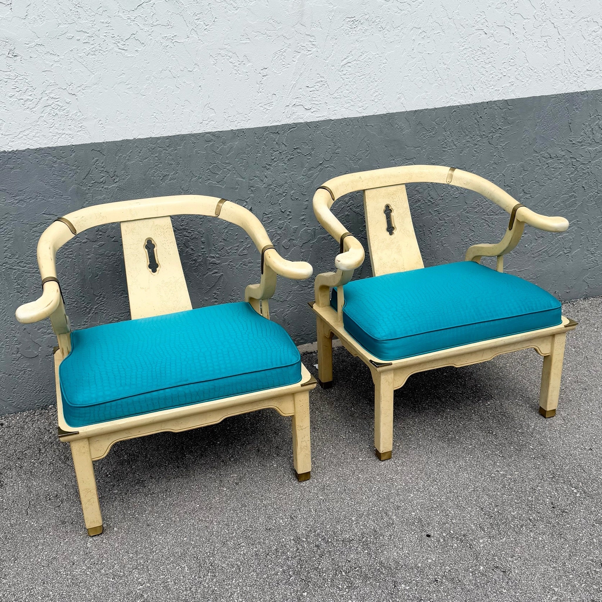 Vintage Ming Style Horseshoe Lounge Chairs With Faux Alligator Skin - A Pair Dolphin & Flamingo