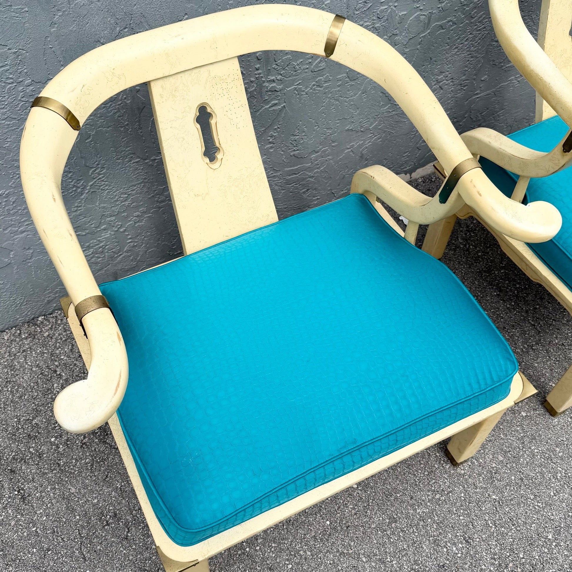 Vintage Ming Style Horseshoe Lounge Chairs With Faux Alligator Skin - A Pair Dolphin & Flamingo