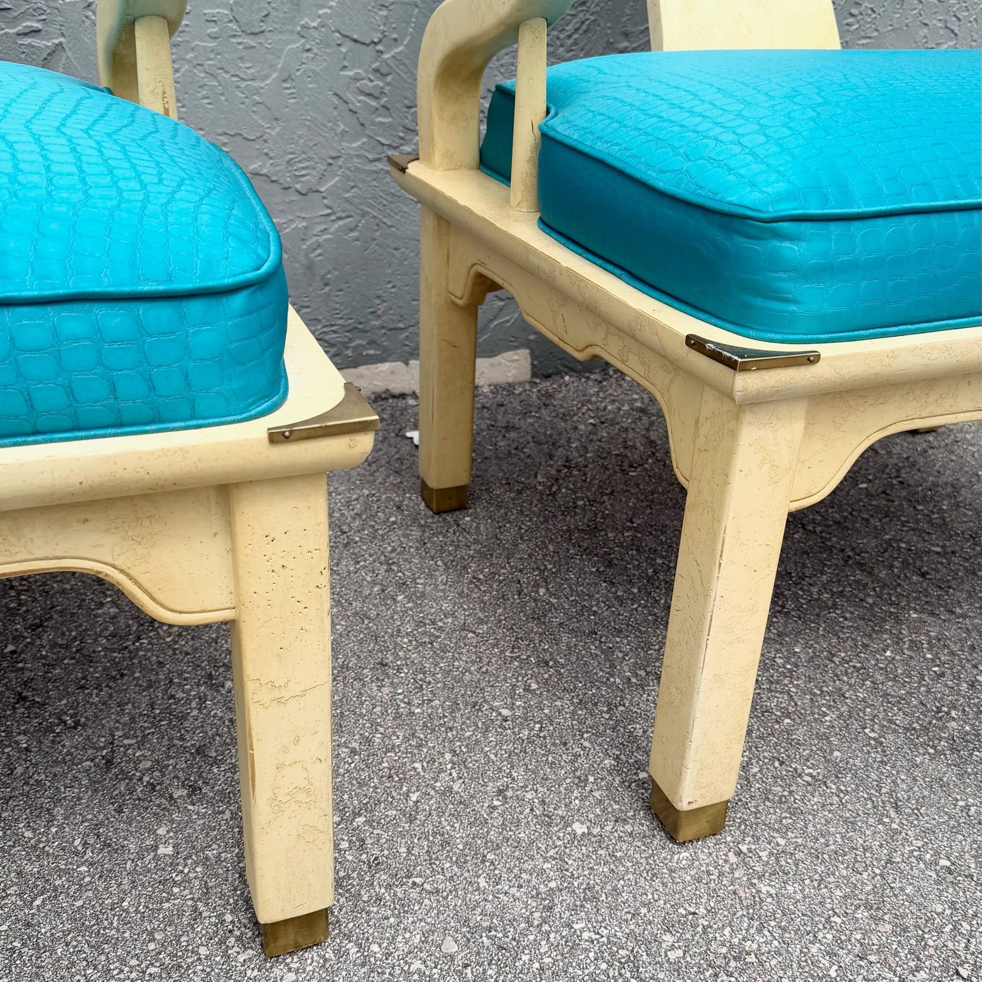 Vintage Ming Style Horseshoe Lounge Chairs With Faux Alligator Skin - A Pair Dolphin & Flamingo