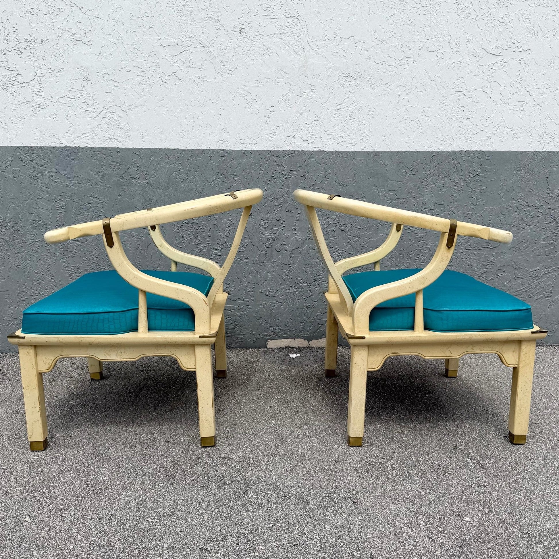 Vintage Ming Style Horseshoe Lounge Chairs With Faux Alligator Skin - A Pair Dolphin & Flamingo