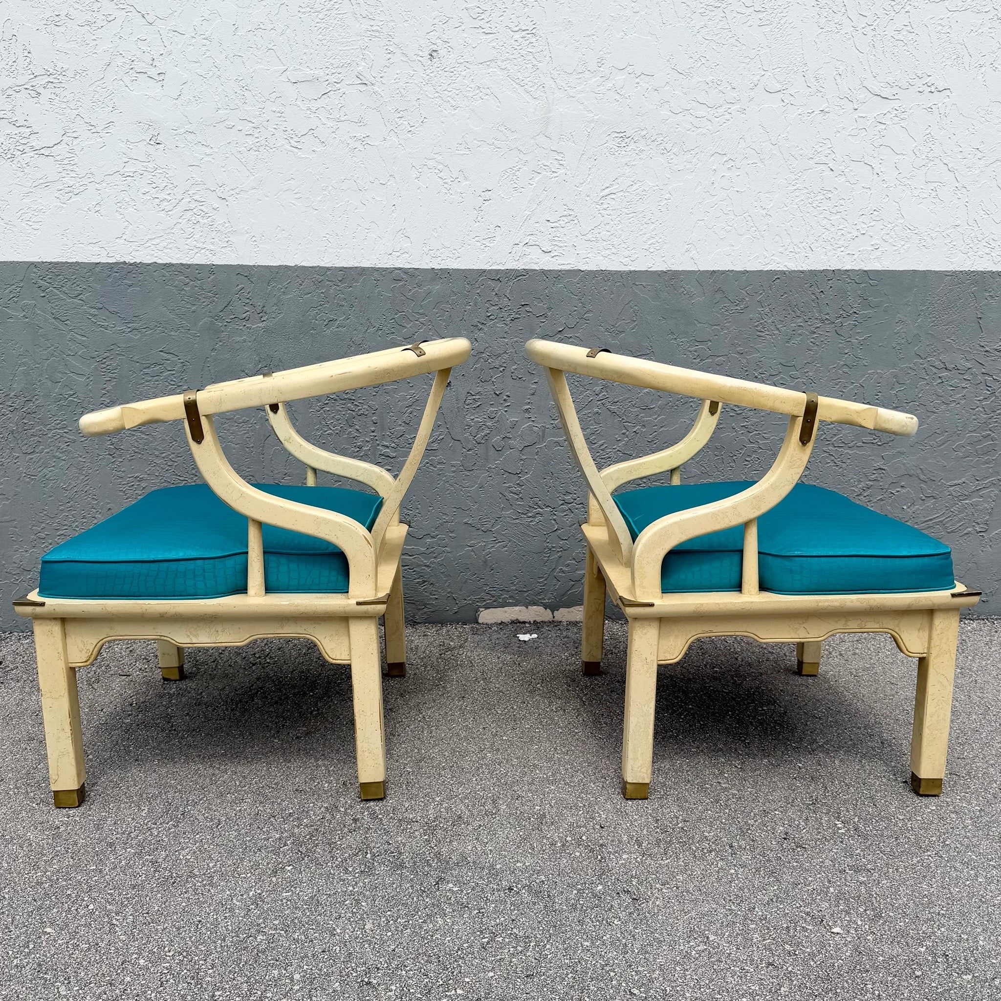 Vintage Ming Style Horseshoe Lounge Chairs With Faux Alligator Skin - A Pair Dolphin & Flamingo