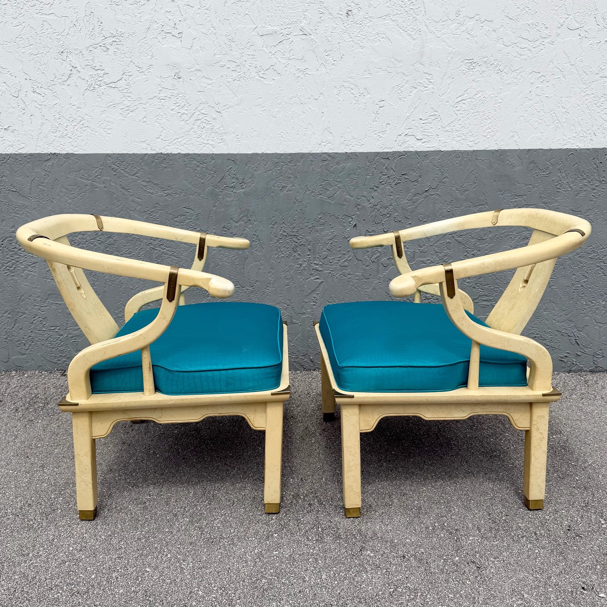 Vintage Ming Style Horseshoe Lounge Chairs With Faux Alligator Skin - A Pair Dolphin & Flamingo
