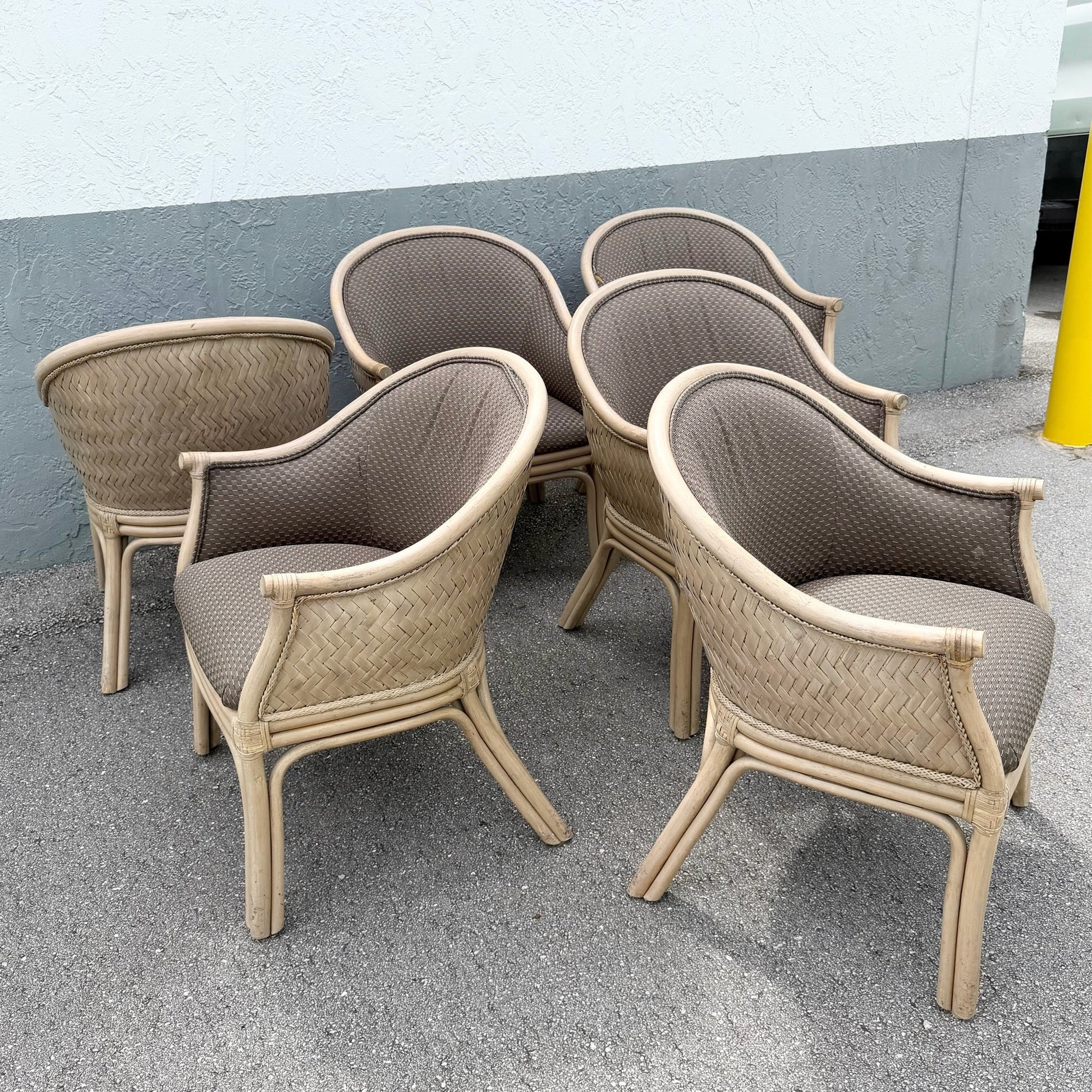 Boho Chic Rattan and Wicker Barrel Dining Chairs by Budji - Set of 6 Dolphin & Flamingo
