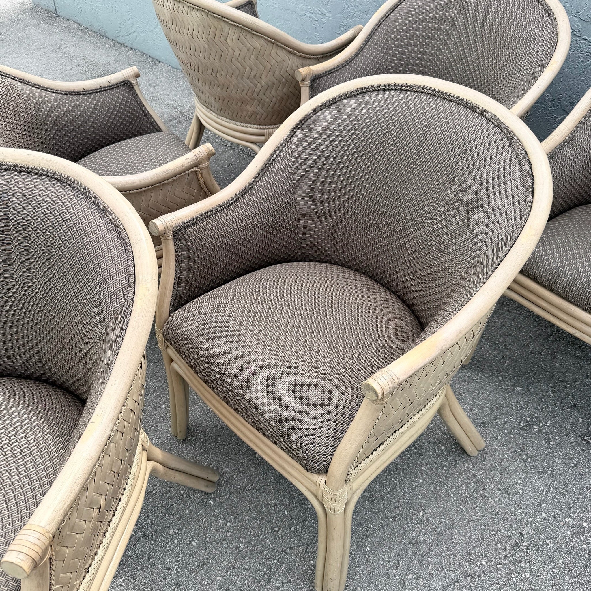 Boho Chic Rattan and Wicker Barrel Dining Chairs by Budji - Set of 6 Dolphin & Flamingo