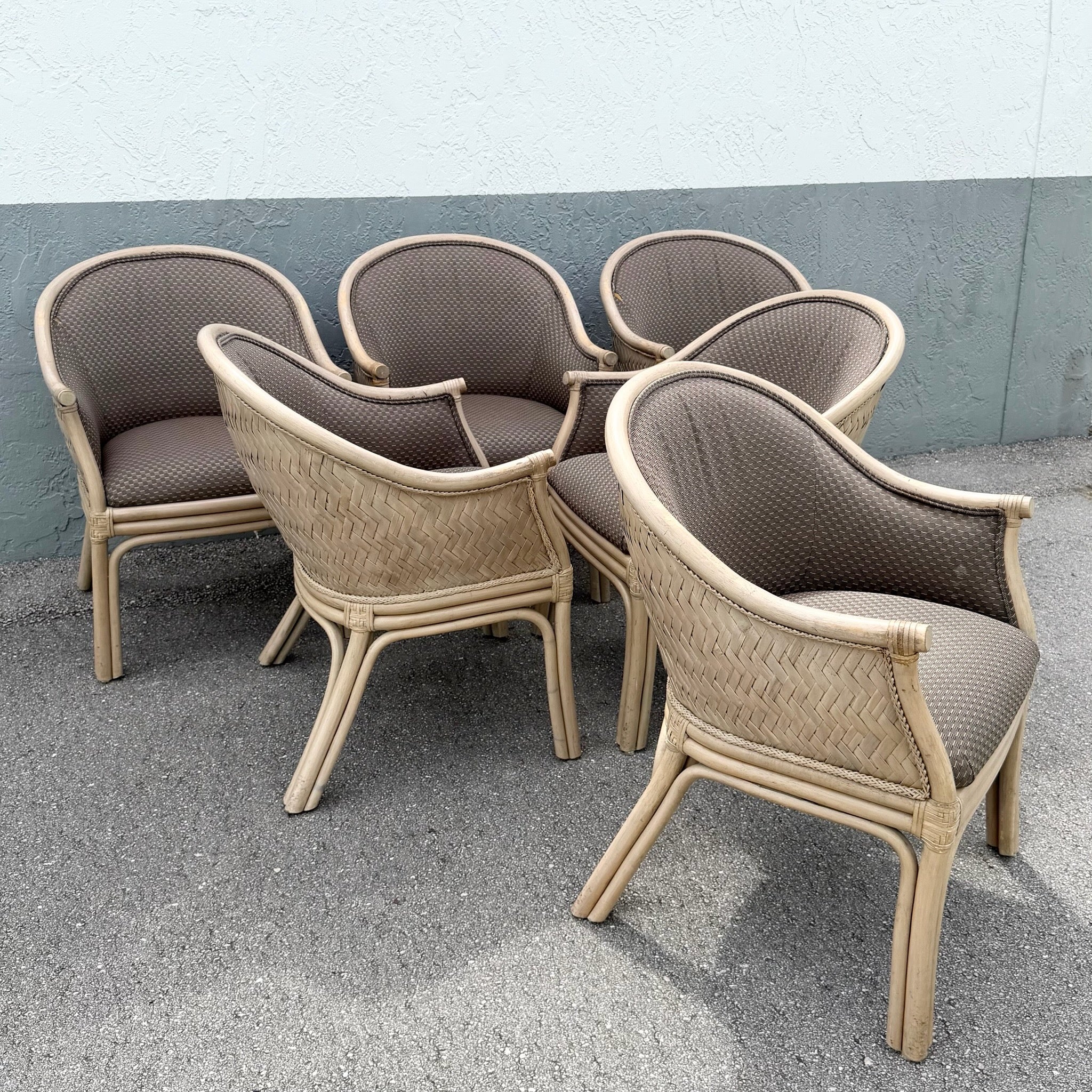 Boho Chic Rattan and Wicker Barrel Dining Chairs by Budji - Set of 6 Dolphin & Flamingo