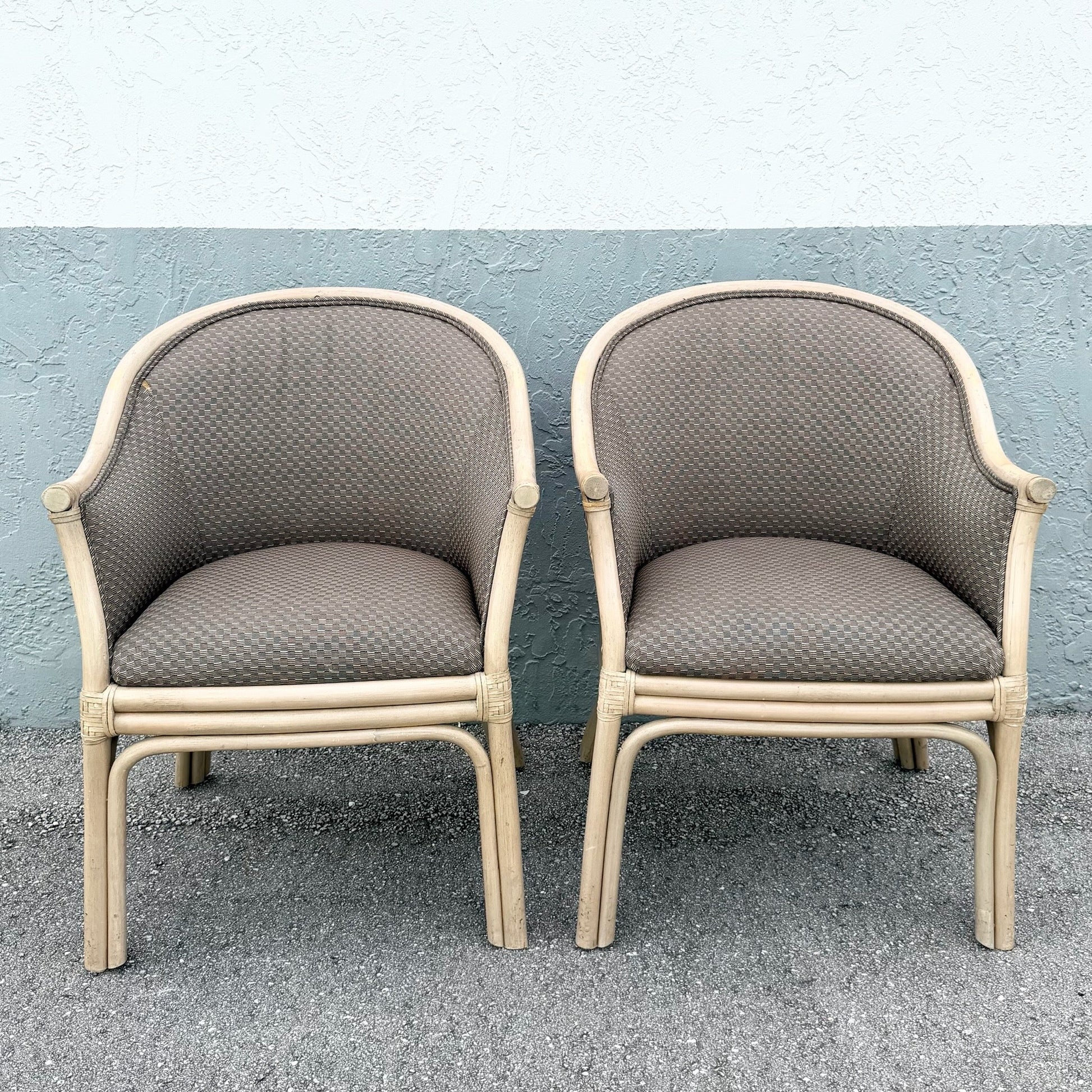 Boho Chic Rattan and Wicker Barrel Dining Chairs by Budji - Set of 6 Dolphin & Flamingo