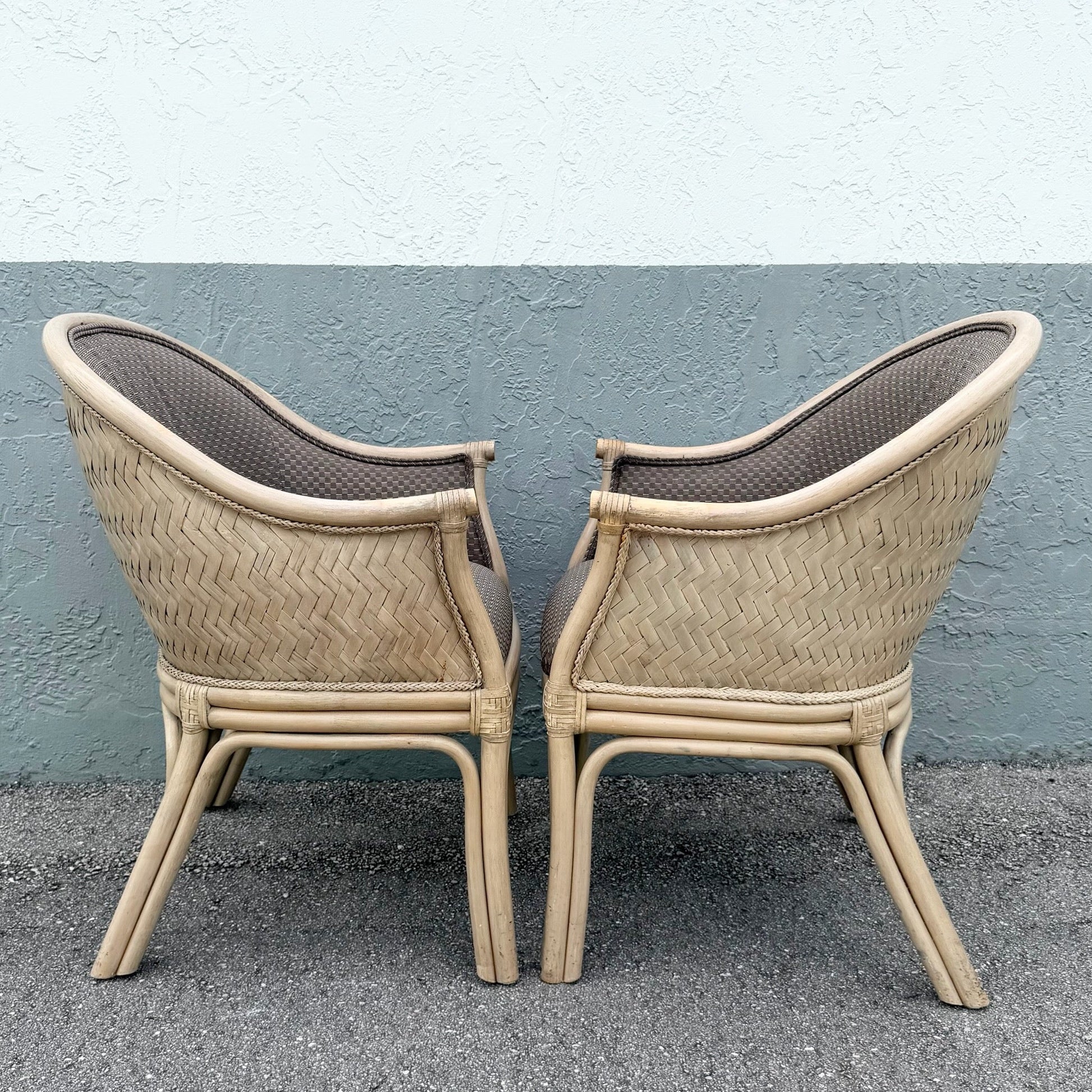 Boho Chic Rattan and Wicker Barrel Dining Chairs by Budji - Set of 6 Dolphin & Flamingo