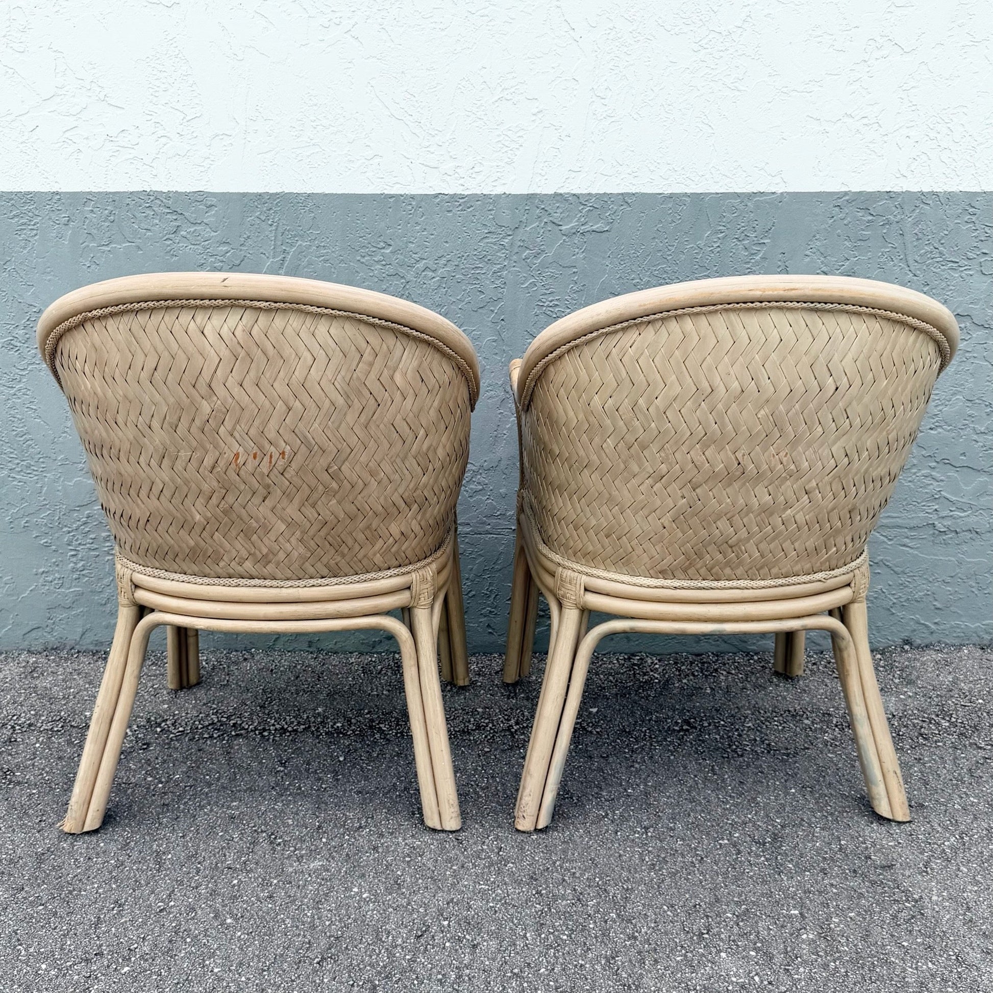 Boho Chic Rattan and Wicker Barrel Dining Chairs by Budji - Set of 6 Dolphin & Flamingo