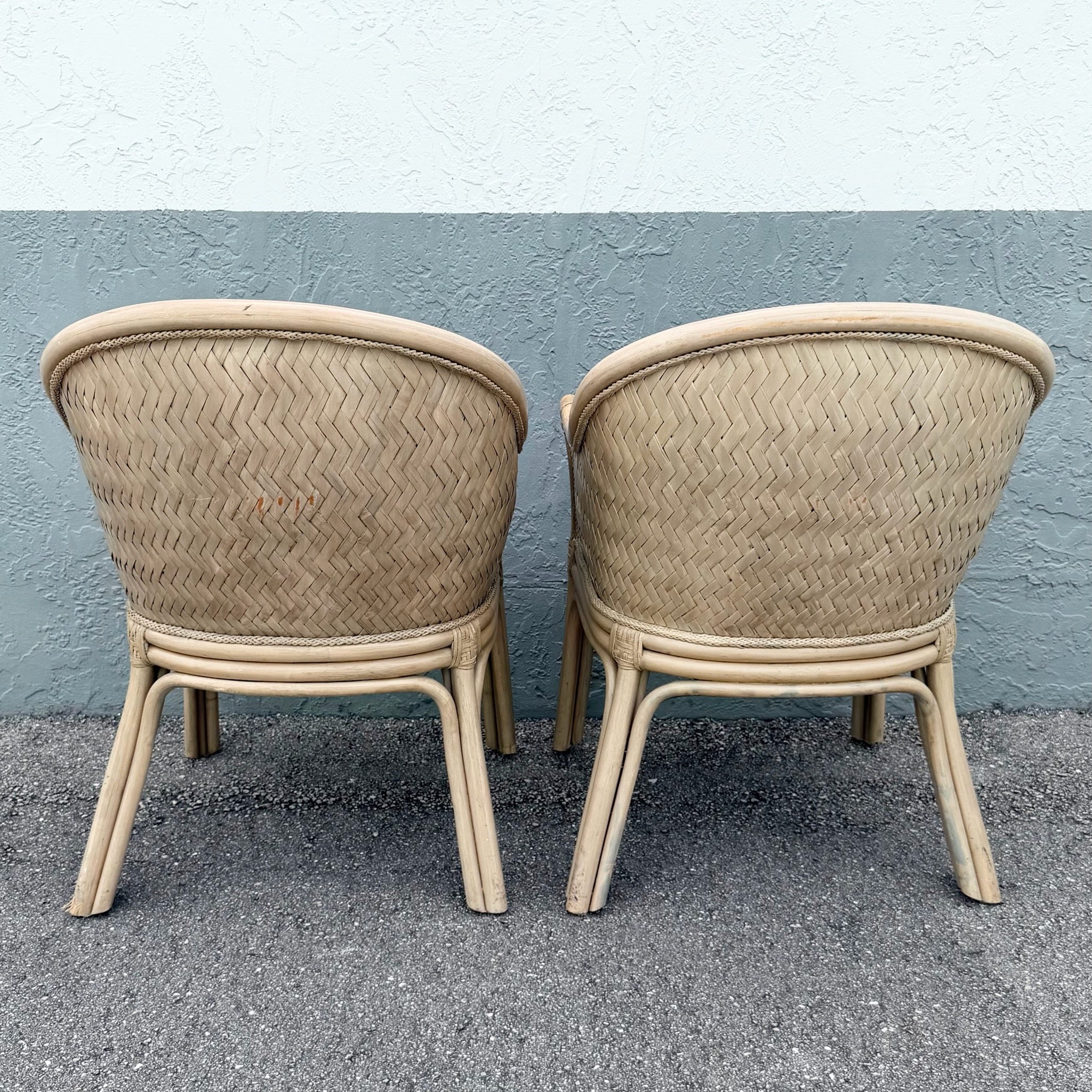 Boho Chic Rattan and Wicker Barrel Dining Chairs by Budji - Set of 6 Dolphin & Flamingo