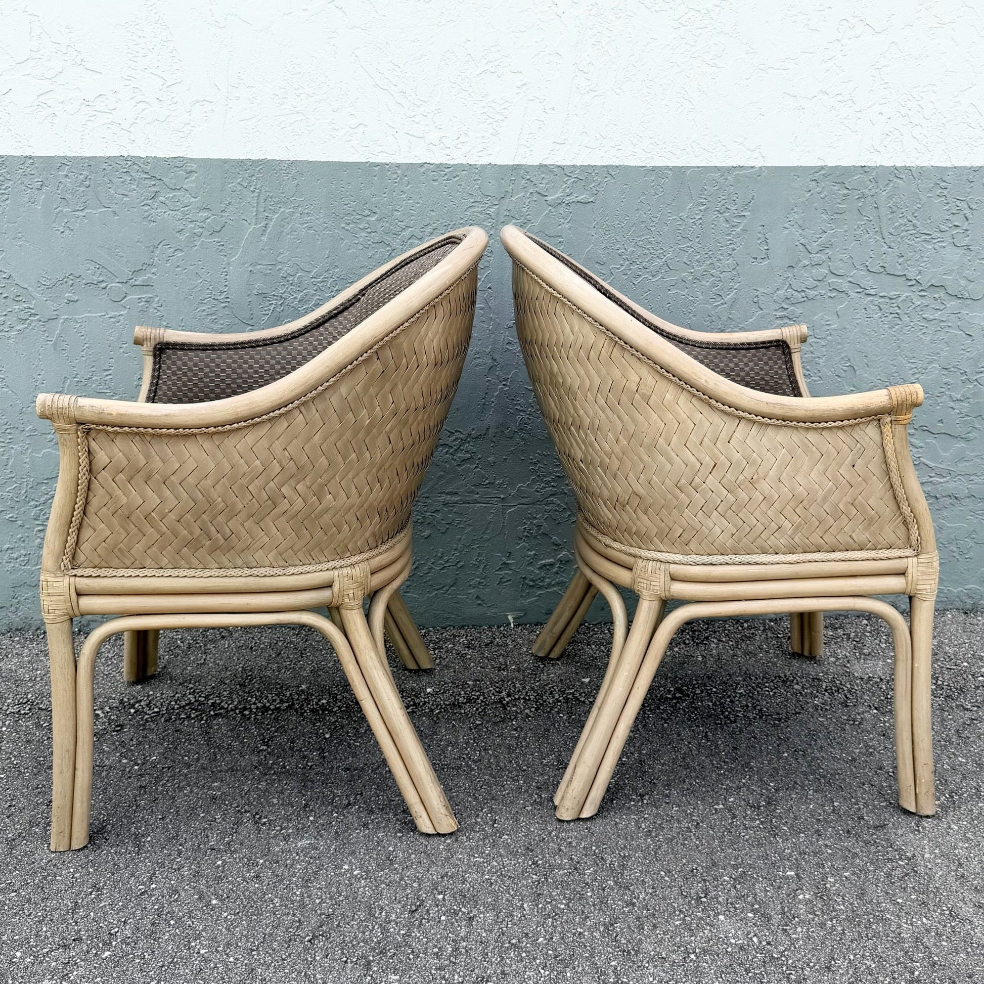 Boho Chic Rattan and Wicker Barrel Dining Chairs by Budji - Set of 6 Dolphin & Flamingo