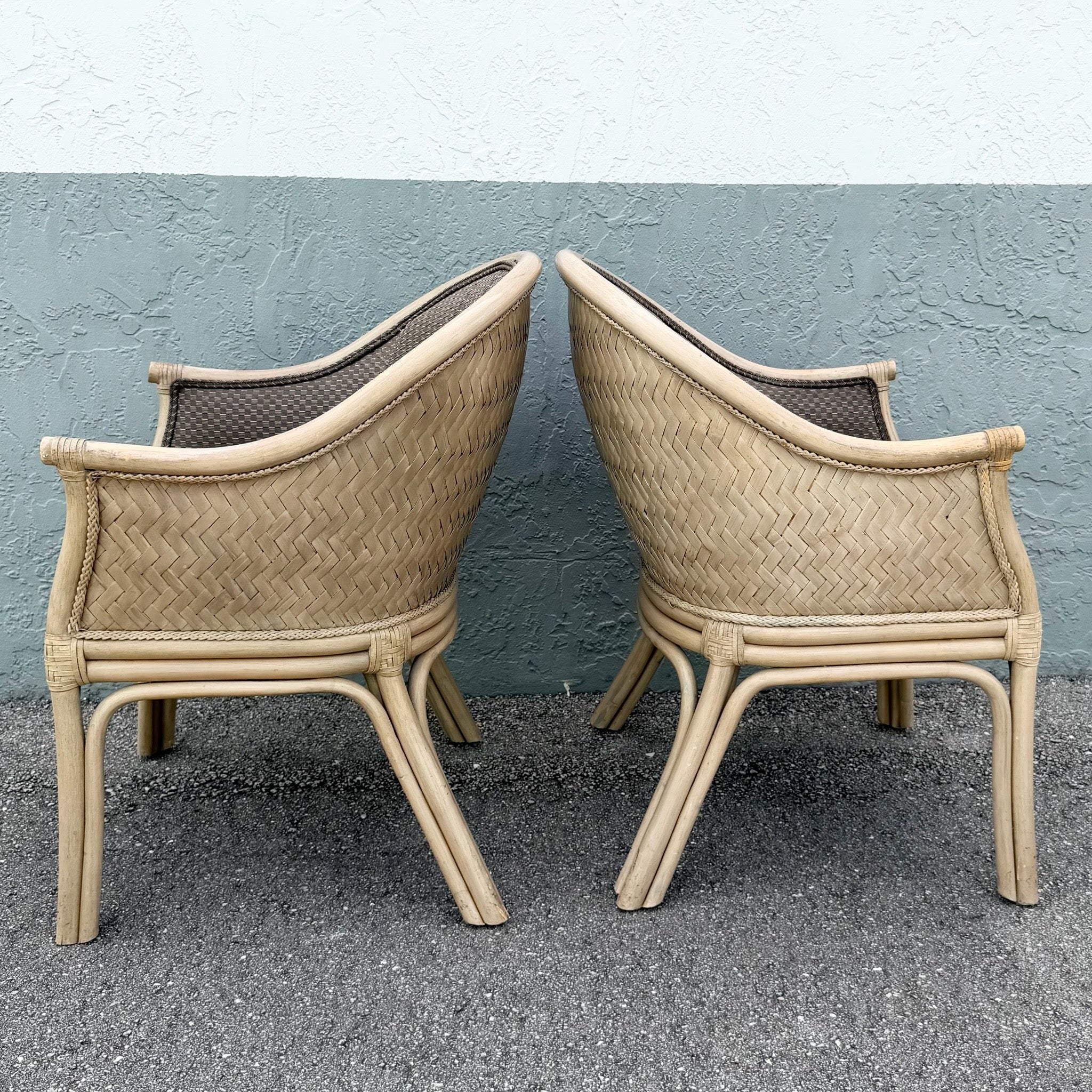 Boho Chic Rattan and Wicker Barrel Dining Chairs by Budji - Set of 6 Dolphin & Flamingo
