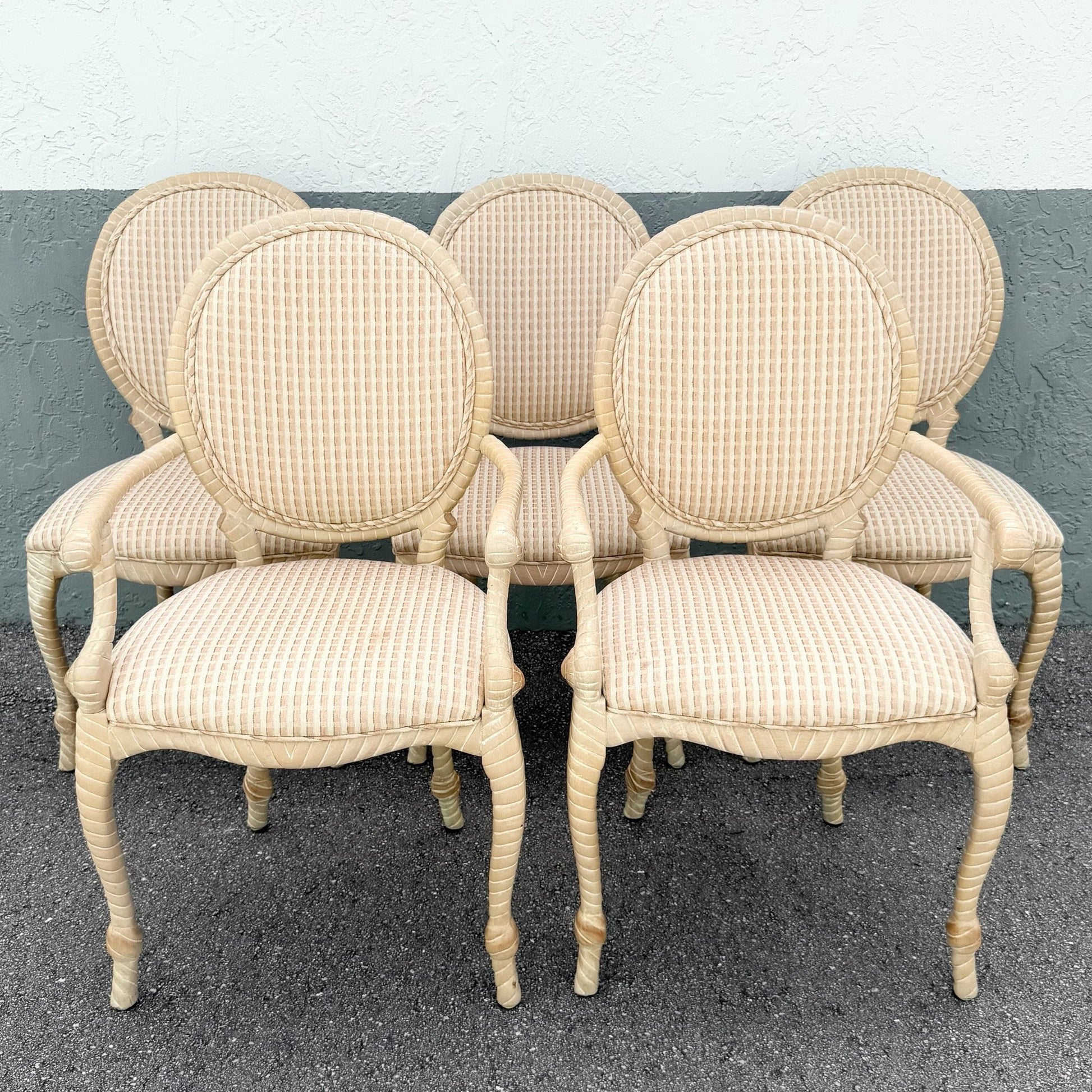 French Provincial Carved Wooden Twisted Rope Dining Chairs by Andre Originals - Set of 5 Dolphin & Flamingo