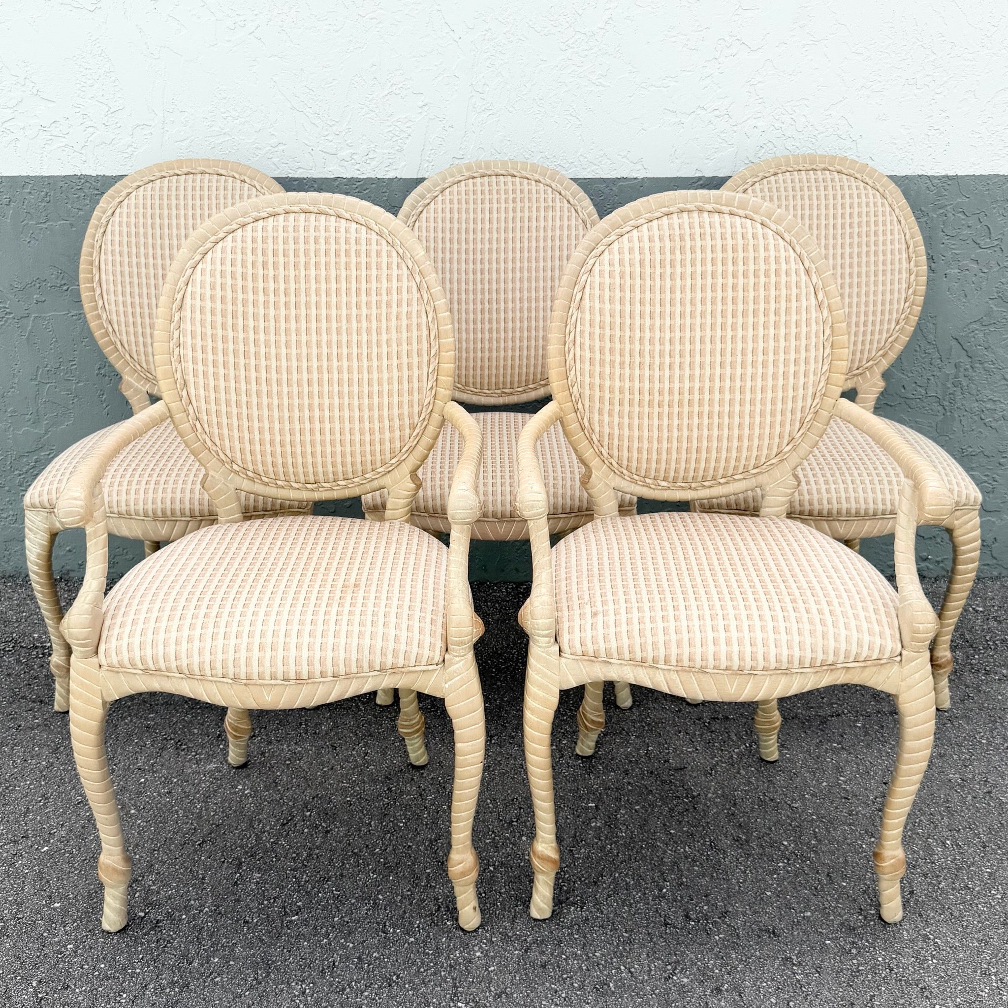 French Provincial Carved Wooden Twisted Rope Dining Chairs by Andre Originals - Set of 5 Dolphin & Flamingo