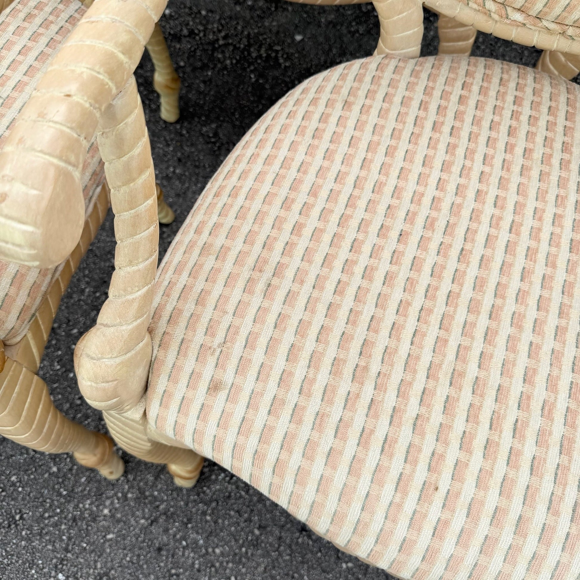 French Provincial Carved Wooden Twisted Rope Dining Chairs by Andre Originals - Set of 5 Dolphin & Flamingo
