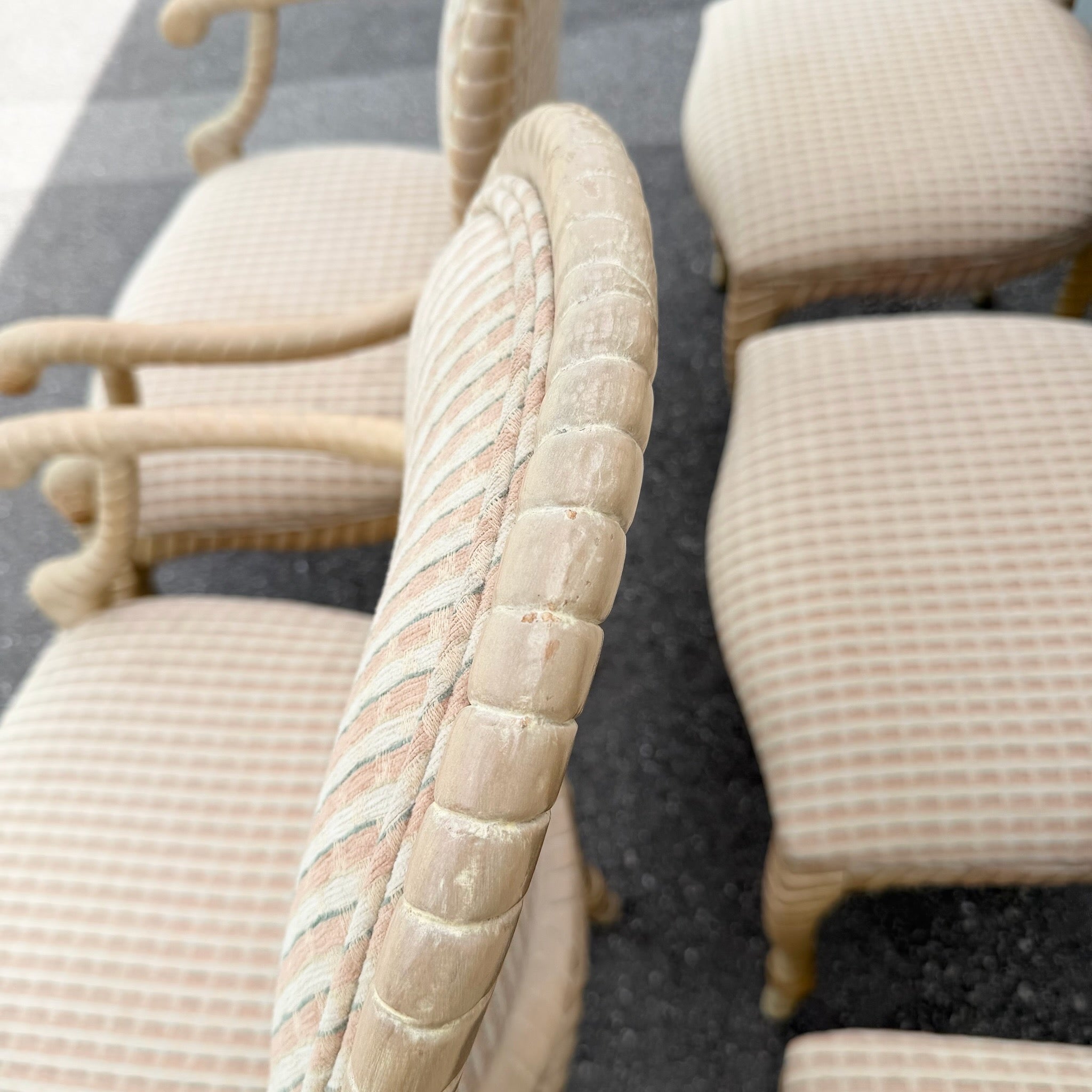 French Provincial Carved Wooden Twisted Rope Dining Chairs by Andre Originals - Set of 5 Dolphin & Flamingo