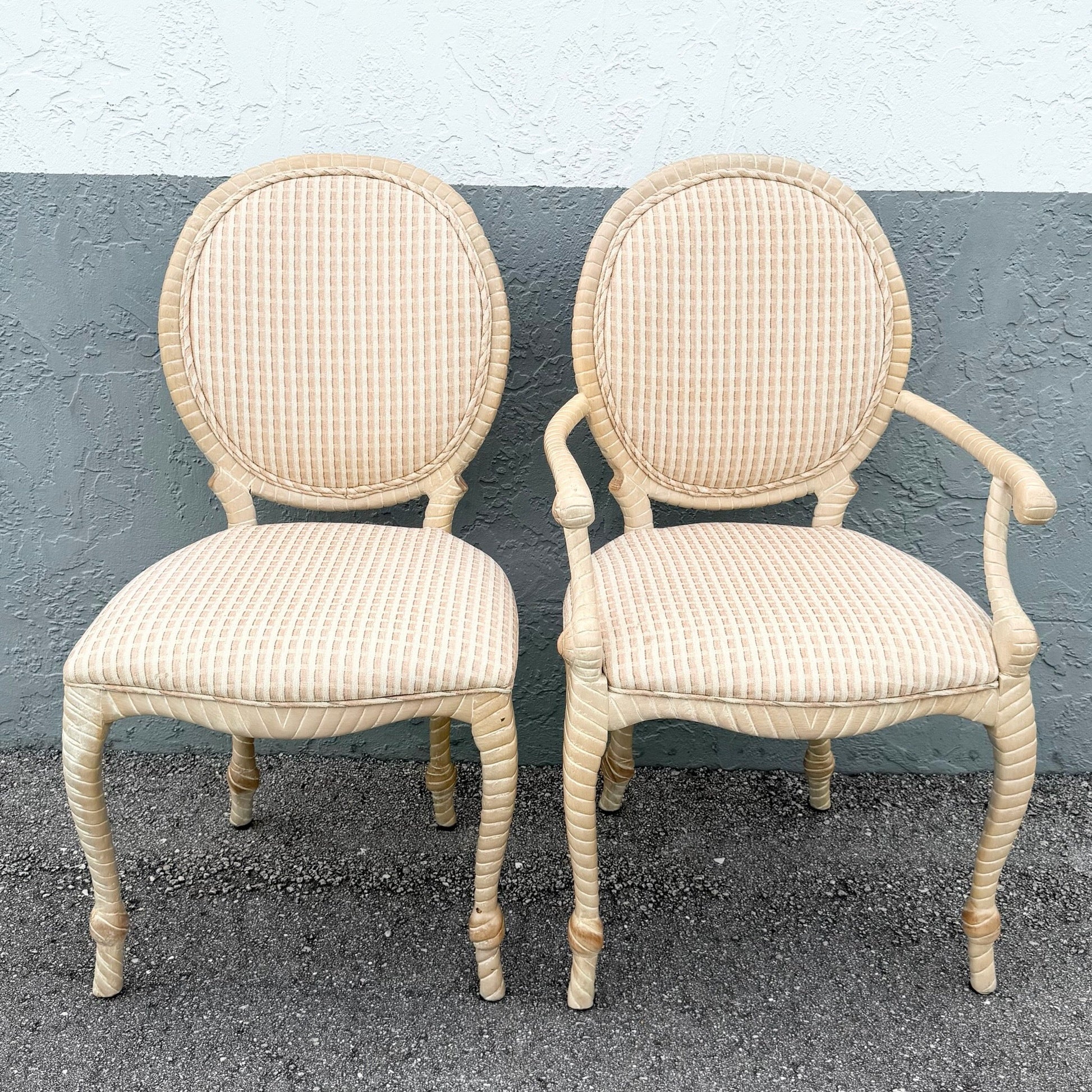 French Provincial Carved Wooden Twisted Rope Dining Chairs by Andre Originals - Set of 5 Dolphin & Flamingo
