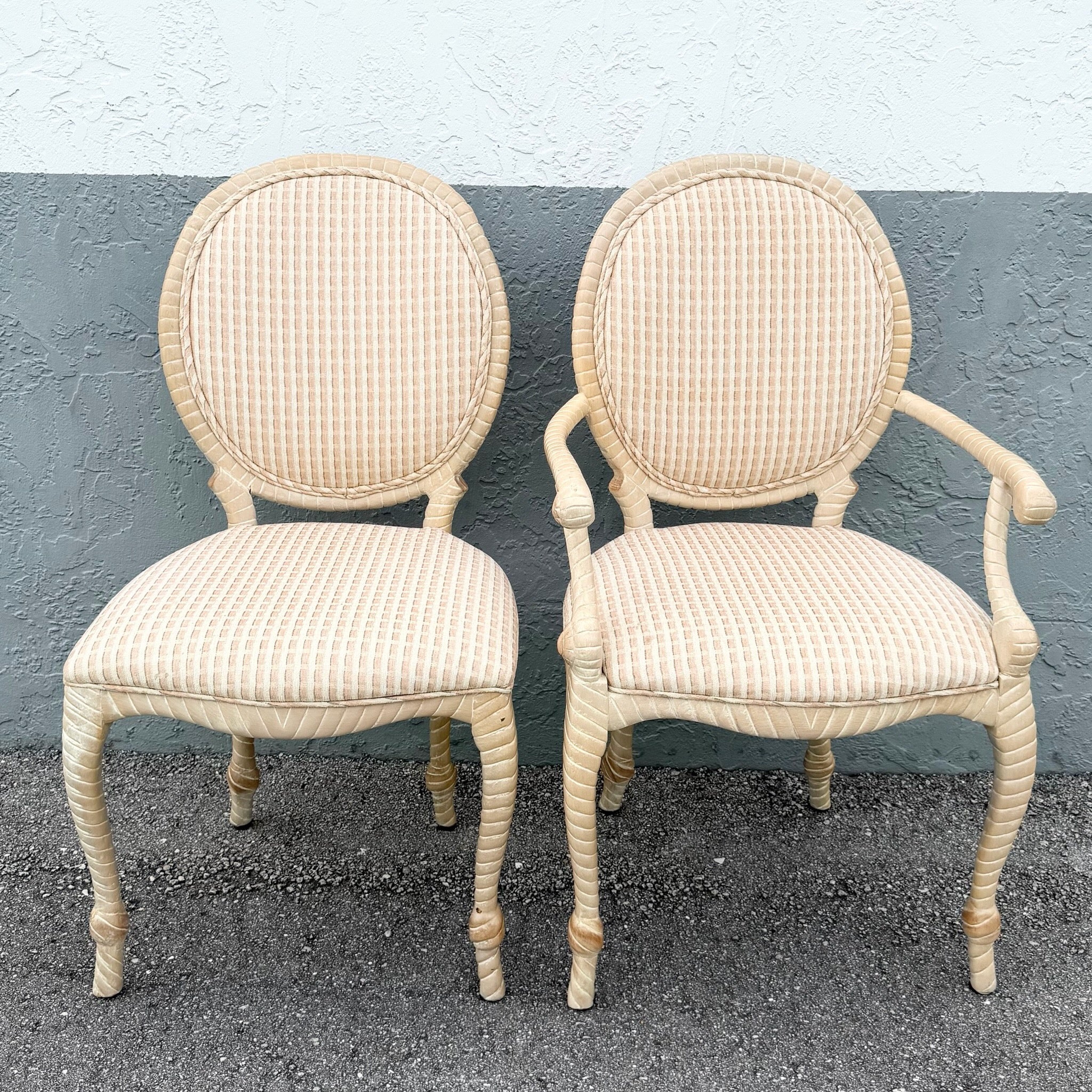 French Provincial Carved Wooden Twisted Rope Dining Chairs by Andre Originals - Set of 5 Dolphin & Flamingo