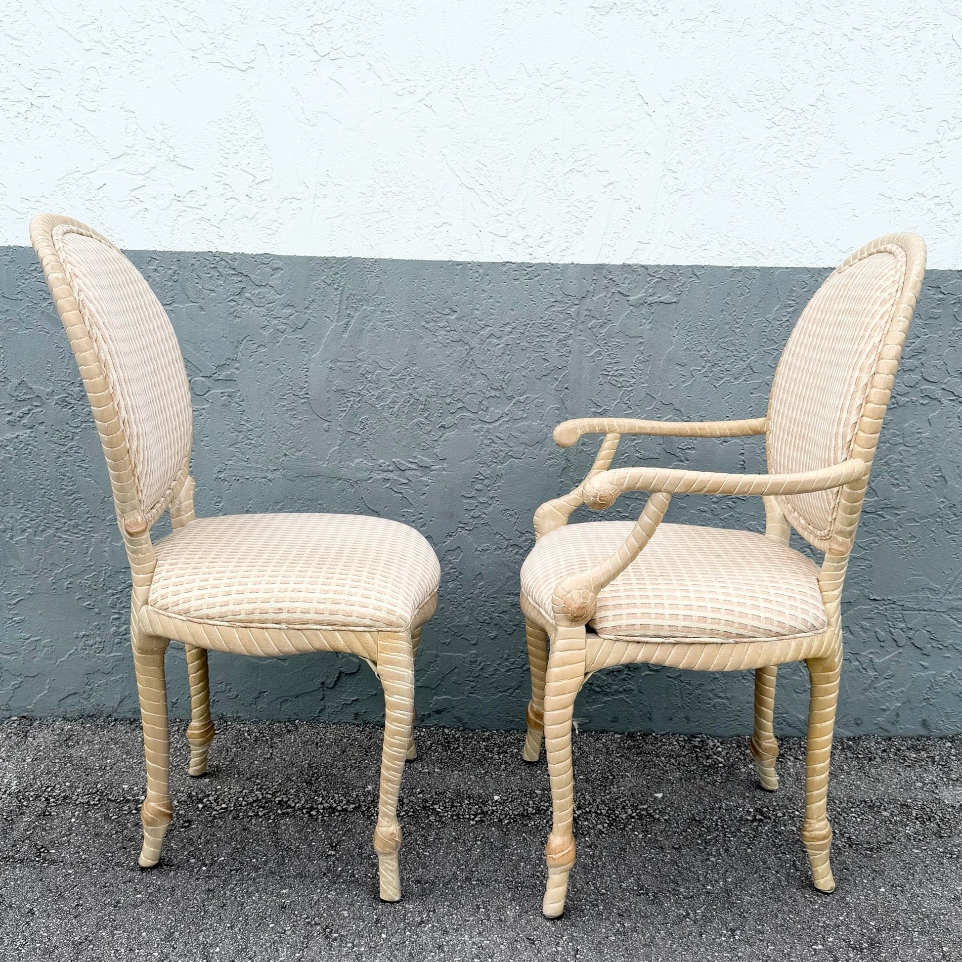 French Provincial Carved Wooden Twisted Rope Dining Chairs by Andre Originals - Set of 5 Dolphin & Flamingo