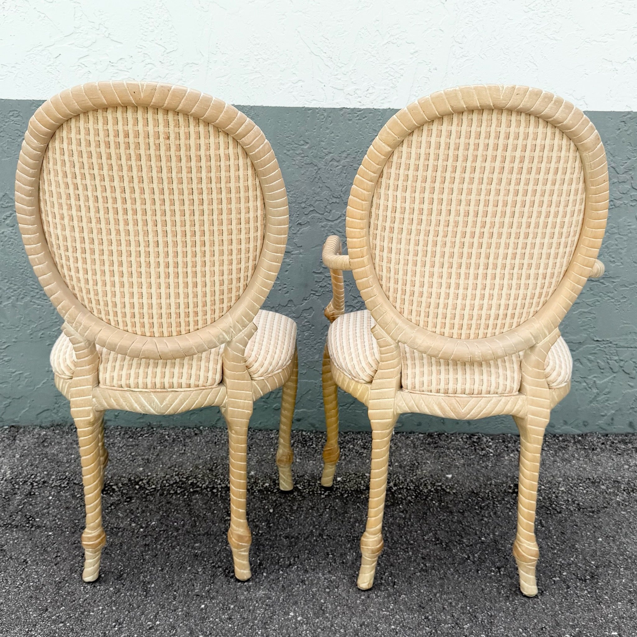 French Provincial Carved Wooden Twisted Rope Dining Chairs by Andre Originals - Set of 5 Dolphin & Flamingo