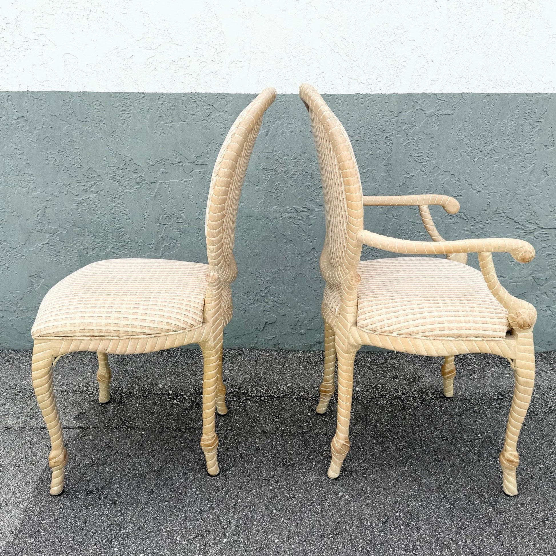 French Provincial Carved Wooden Twisted Rope Dining Chairs by Andre Originals - Set of 5 Dolphin & Flamingo