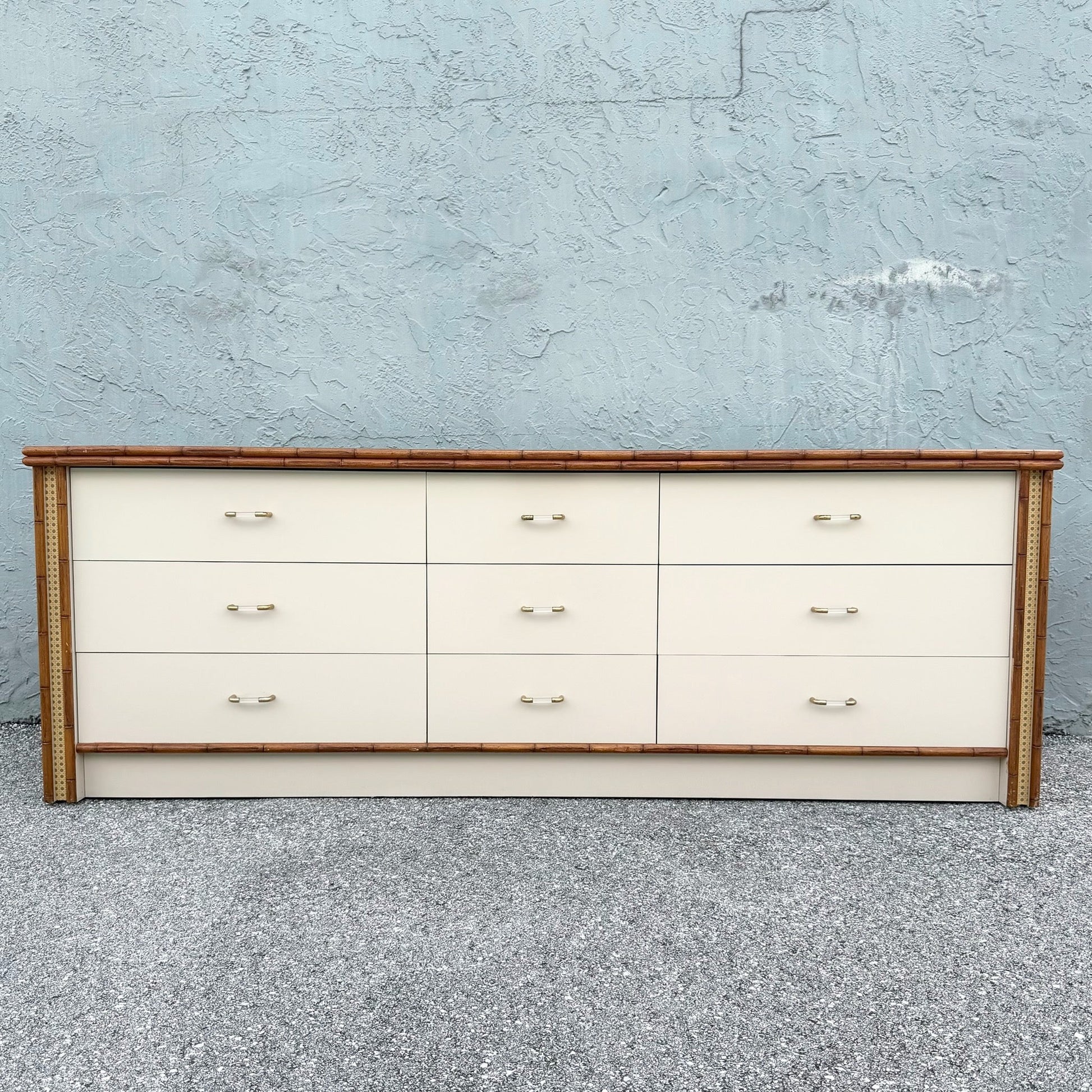 Boho Chic Cream Gloss Laminate Cane and Faux Bamboo Dresser Dolphin & Flamingo