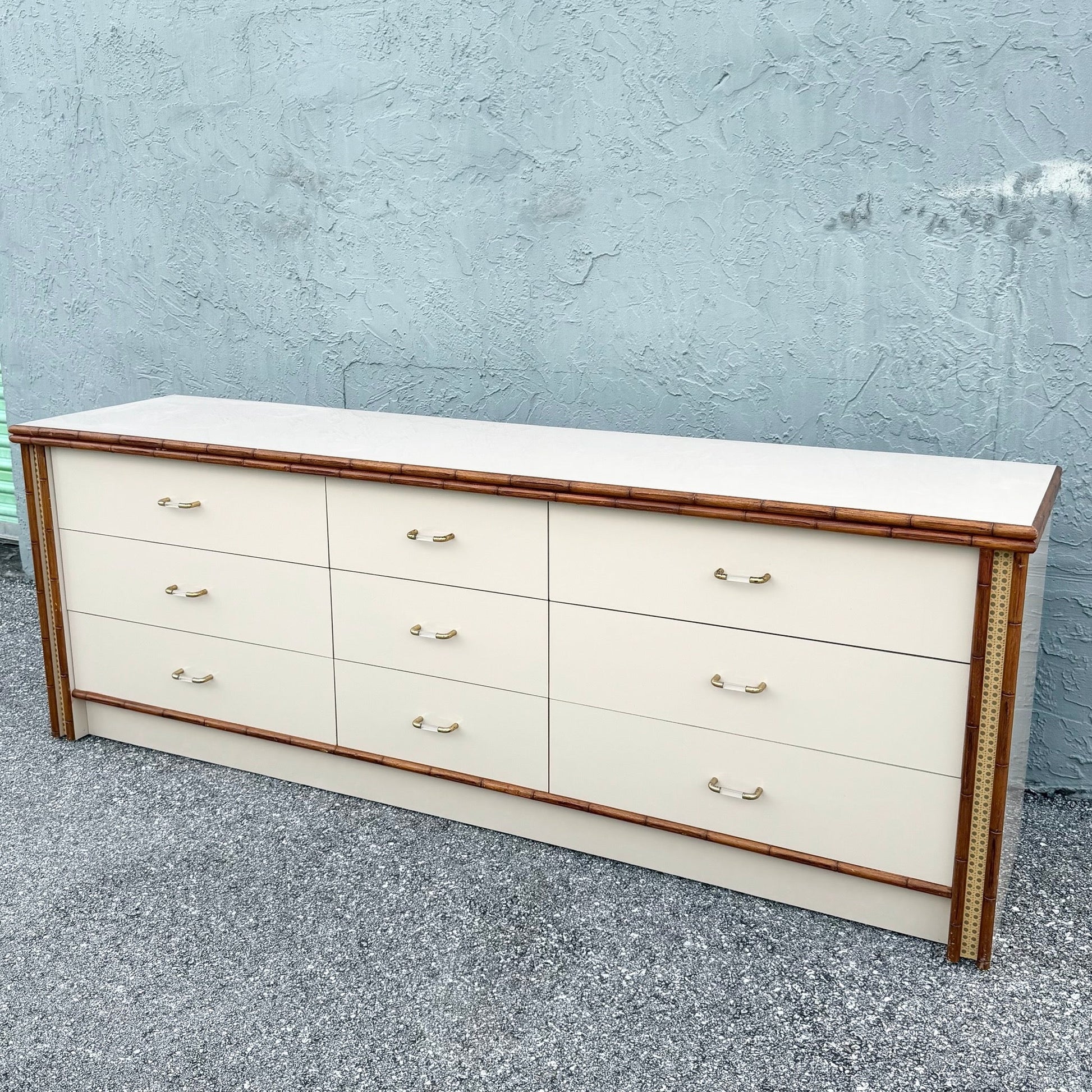 Boho Chic Cream Gloss Laminate Cane and Faux Bamboo Dresser Dolphin & Flamingo