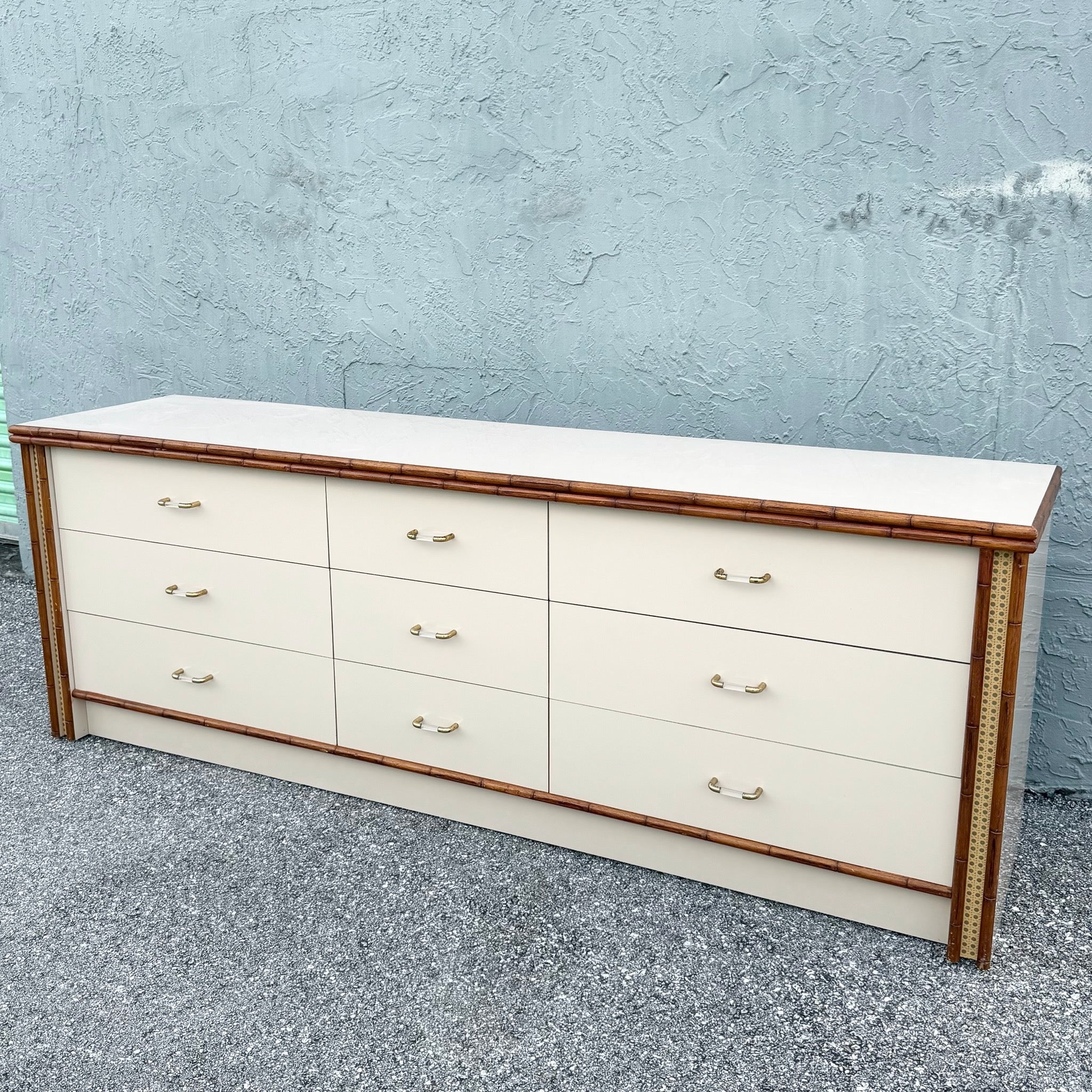 Boho Chic Cream Gloss Laminate Cane and Faux Bamboo Dresser Dolphin & Flamingo