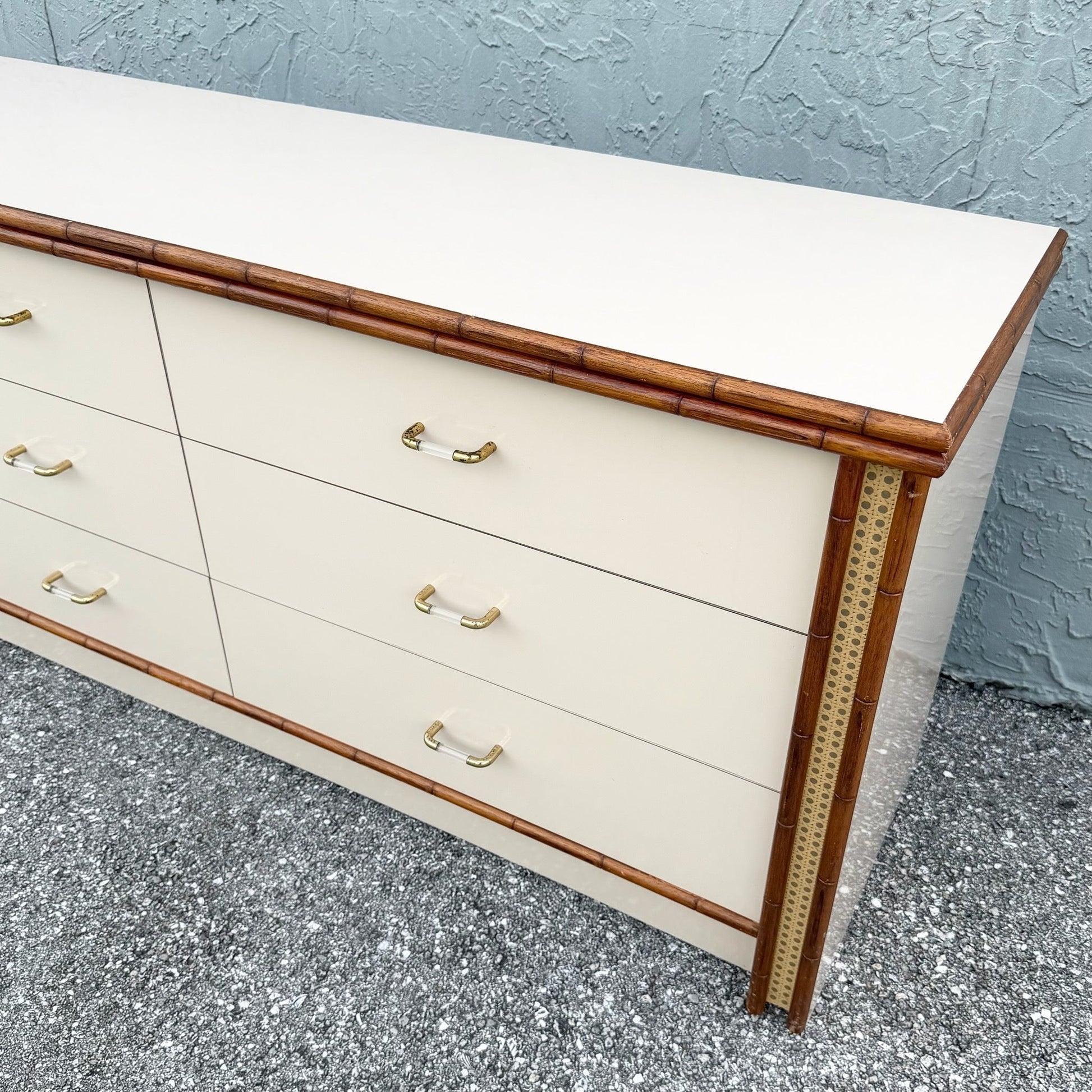 Boho Chic Cream Gloss Laminate Cane and Faux Bamboo Dresser Dolphin & Flamingo