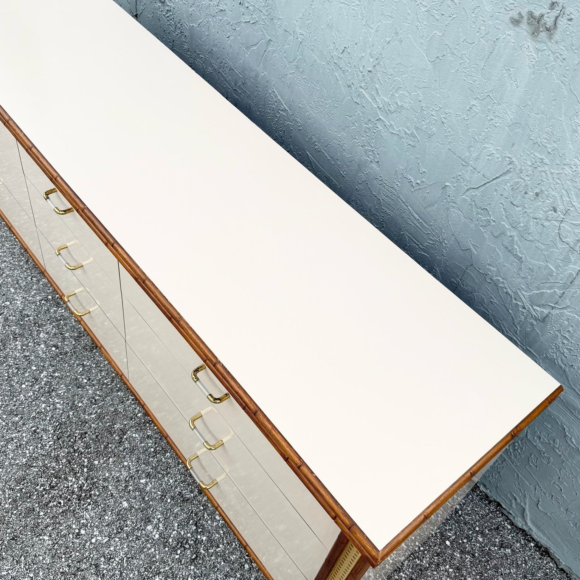 Boho Chic Cream Gloss Laminate Cane and Faux Bamboo Dresser Dolphin & Flamingo